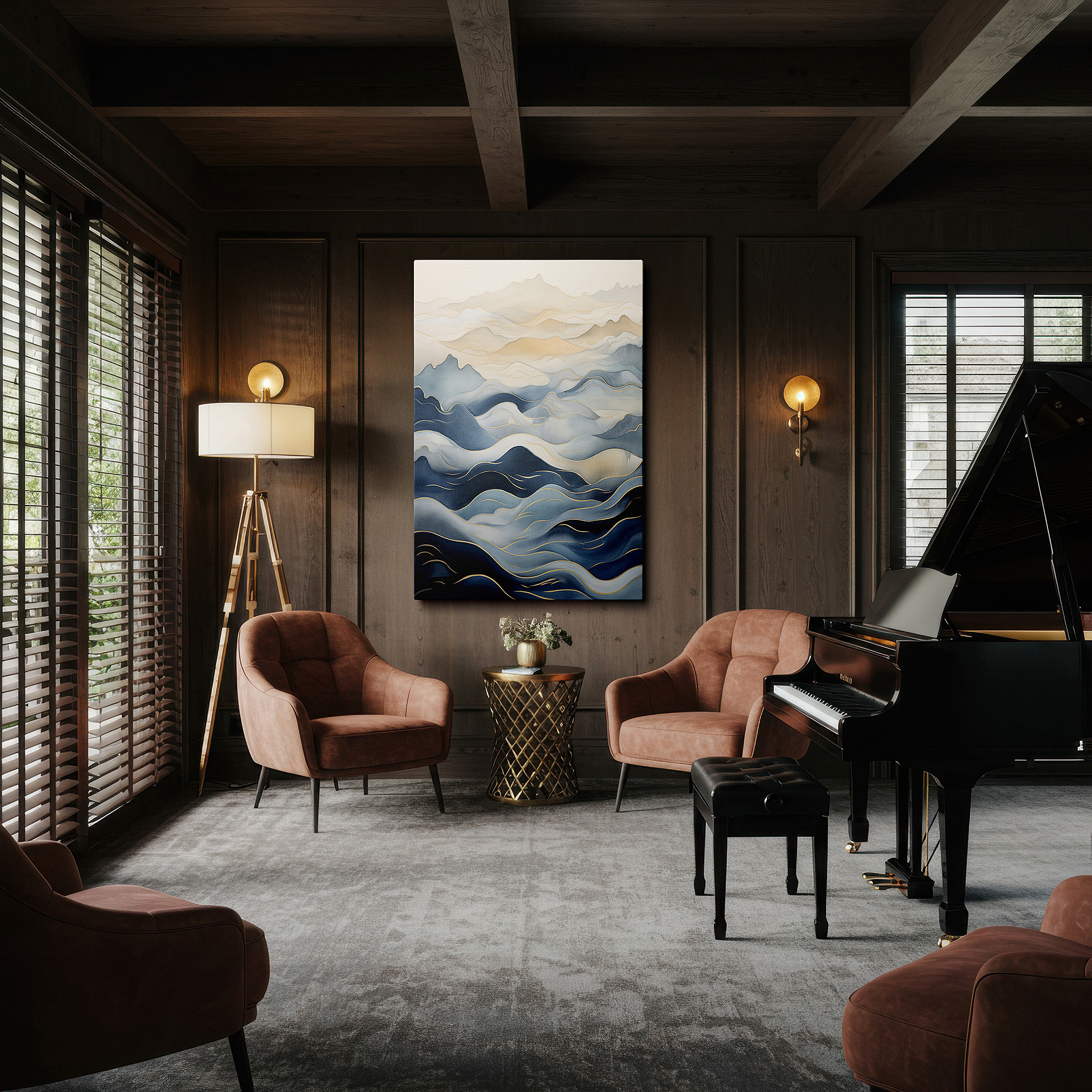 Set in a minimalist interior with textured walls and soft rugs — tranquil waves and gentle gradients inspire peacefulness large wall art, canvas wall art, wall decor for office, bedroom, and living room