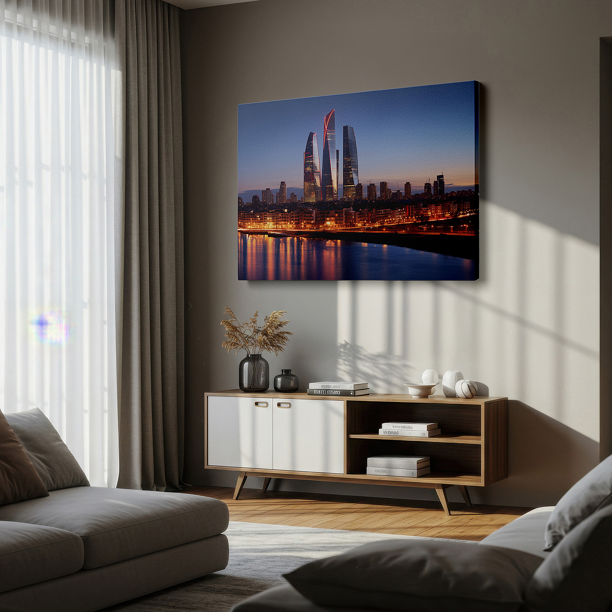 Set in a minimalist interior with textured walls and soft rugs — twilight cityscape wall art featuring glowing skyscrapers and reflective waters - large canvas for home and office decor, perfect for living room and bedroom
