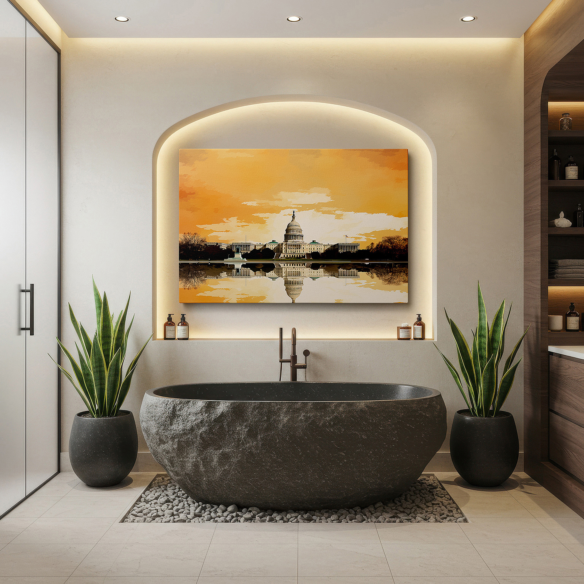 Set in a minimalist interior with textured walls and soft rugs — u.s. capitol at sunset: majestic reflections of democracy - tranquil waters large canvas wall art for office decor