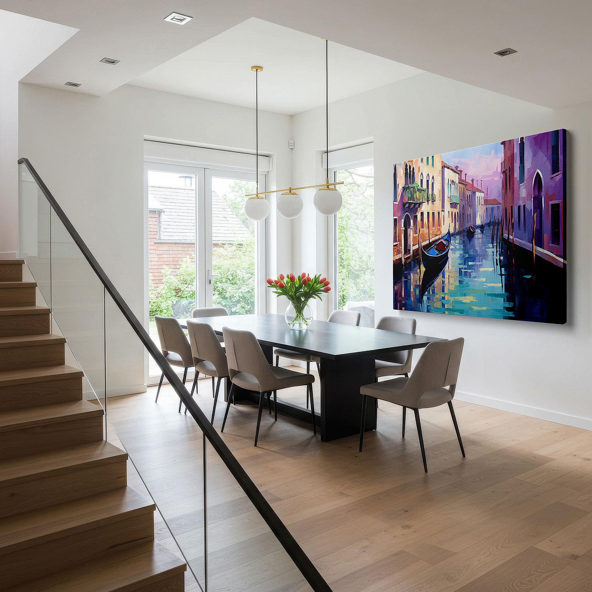 Set in a minimalist interior with textured walls and soft rugs — venetian canal scene: serene water reflections and vibrant buildings - large canvas wall art for office and bedroom decor