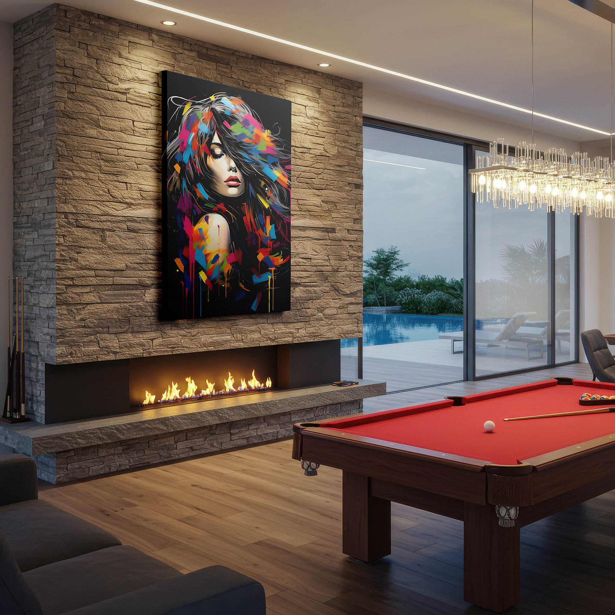 Set in a minimalist interior with textured walls and soft rugs — vibrant abstract female essence: emotion and creativity dance large canvas wall art for office and bedroom decor