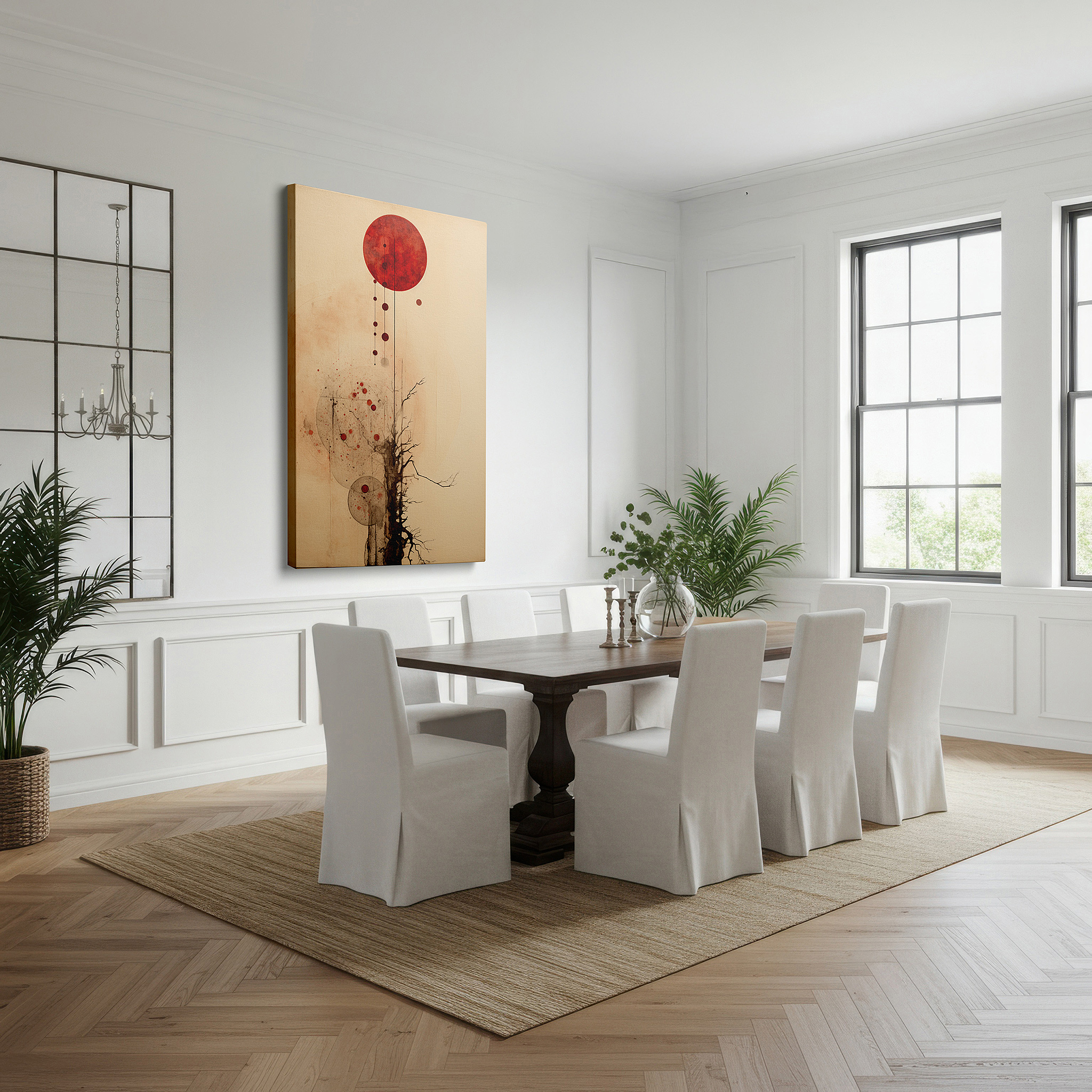Set in a minimalist interior with textured walls and soft rugs — vibrant red spheres and bold tree outline - a blend of abstract art and nature themes, large wall decor, canvas art, office wall decoration