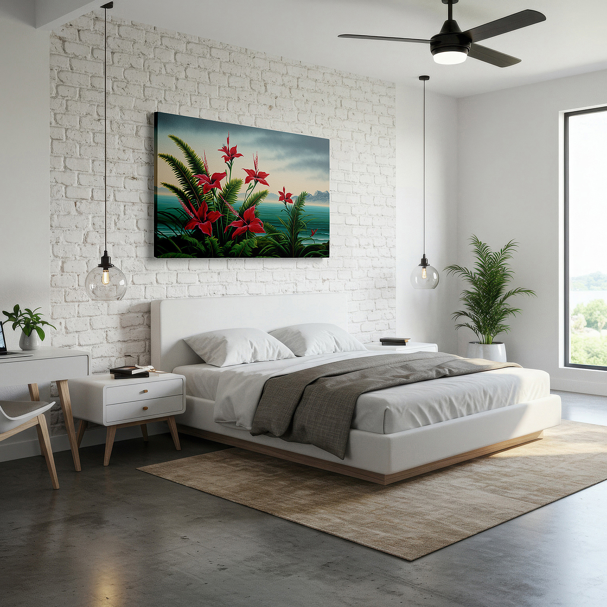 Set in a minimalist interior with textured walls and soft rugs — vibrant tropical paradise wall art featuring red hibiscus and lush greenery, perfect for office or bedroom decor