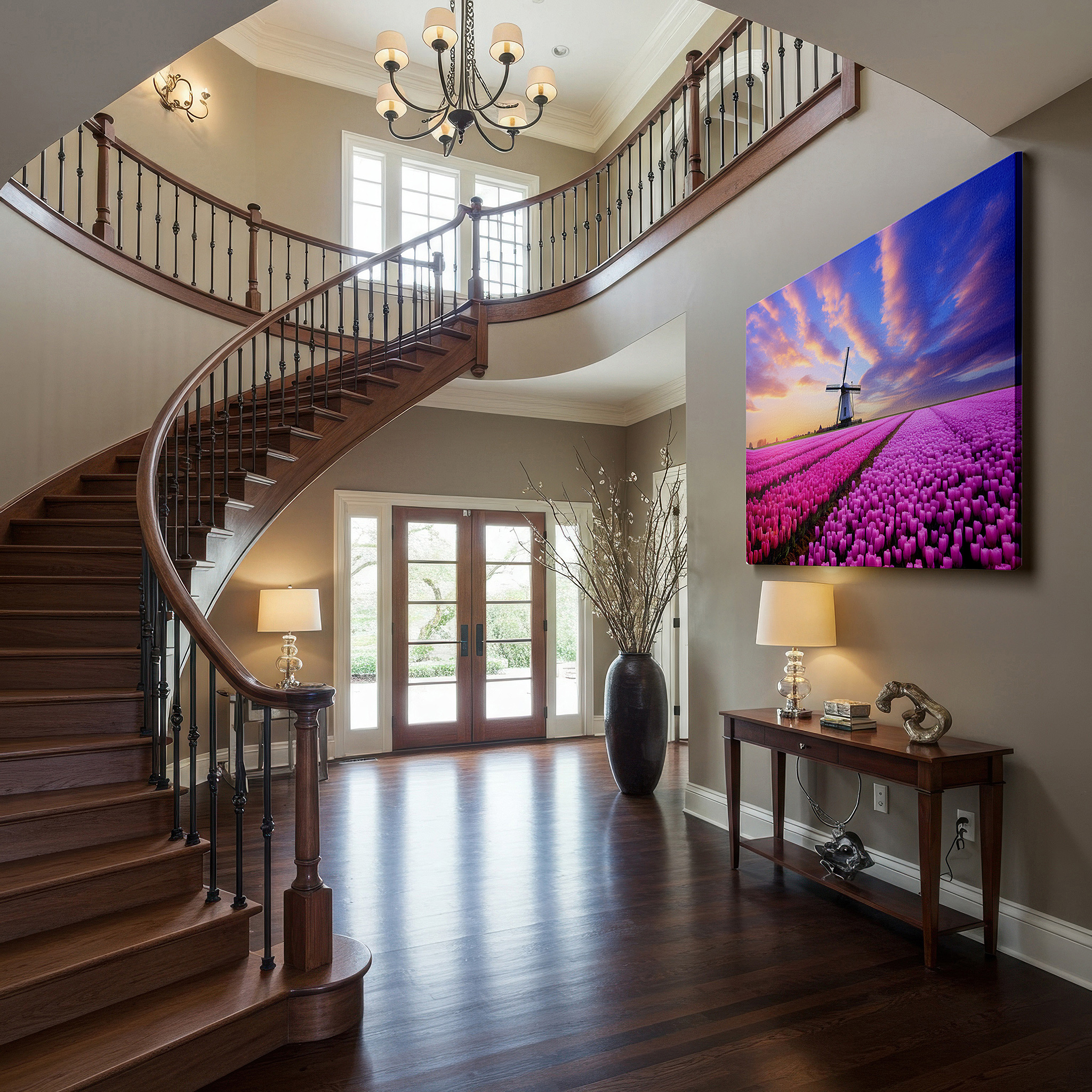 Set in a minimalist interior with textured walls and soft rugs — vibrant tulip fields and classic windmill beneath a dramatic sky: large canvas wall art for office, bedroom, and living room decor