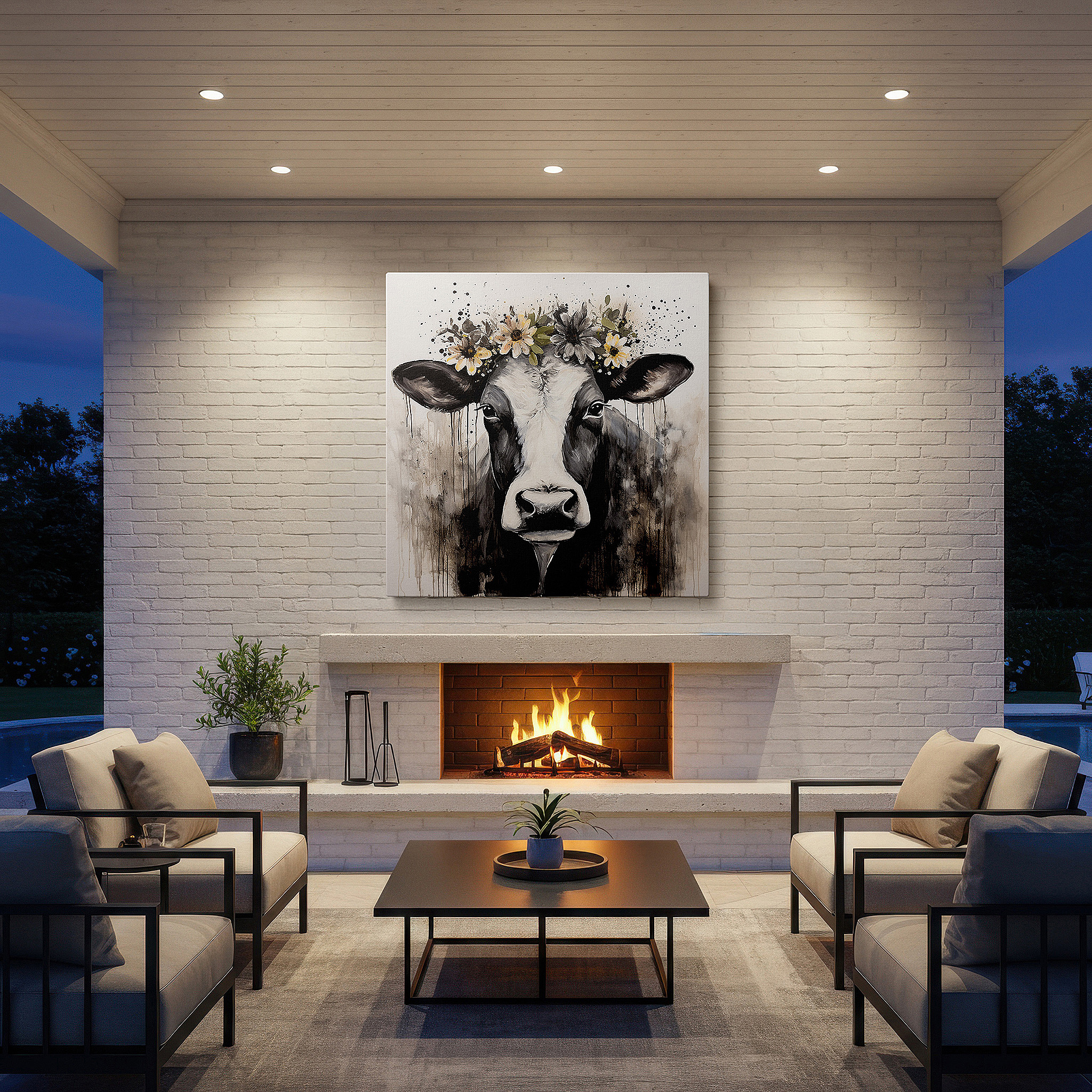 Set in a minimalist interior with textured walls and soft rugs — wall art: black and white cow with floral crown - a serene and playful masterpiece for large spaces, canvas wall art for office and bedroom decor