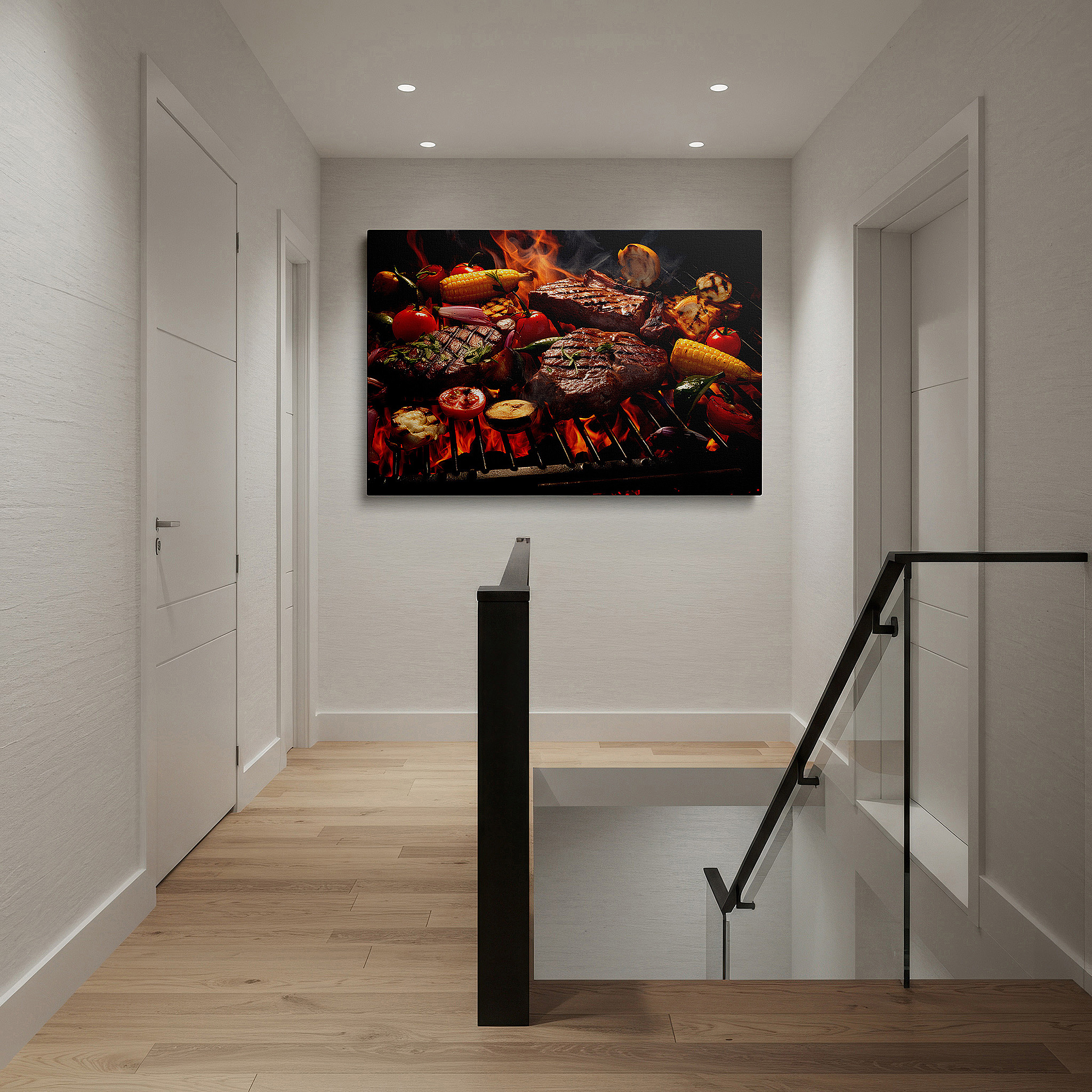 Set in a minimalist interior with textured walls and soft rugs — wall art: celebrate summer with bbq grill, bright vegetables, and shared happiness - large canvas for home or office decor, perfect for living room or bedroom