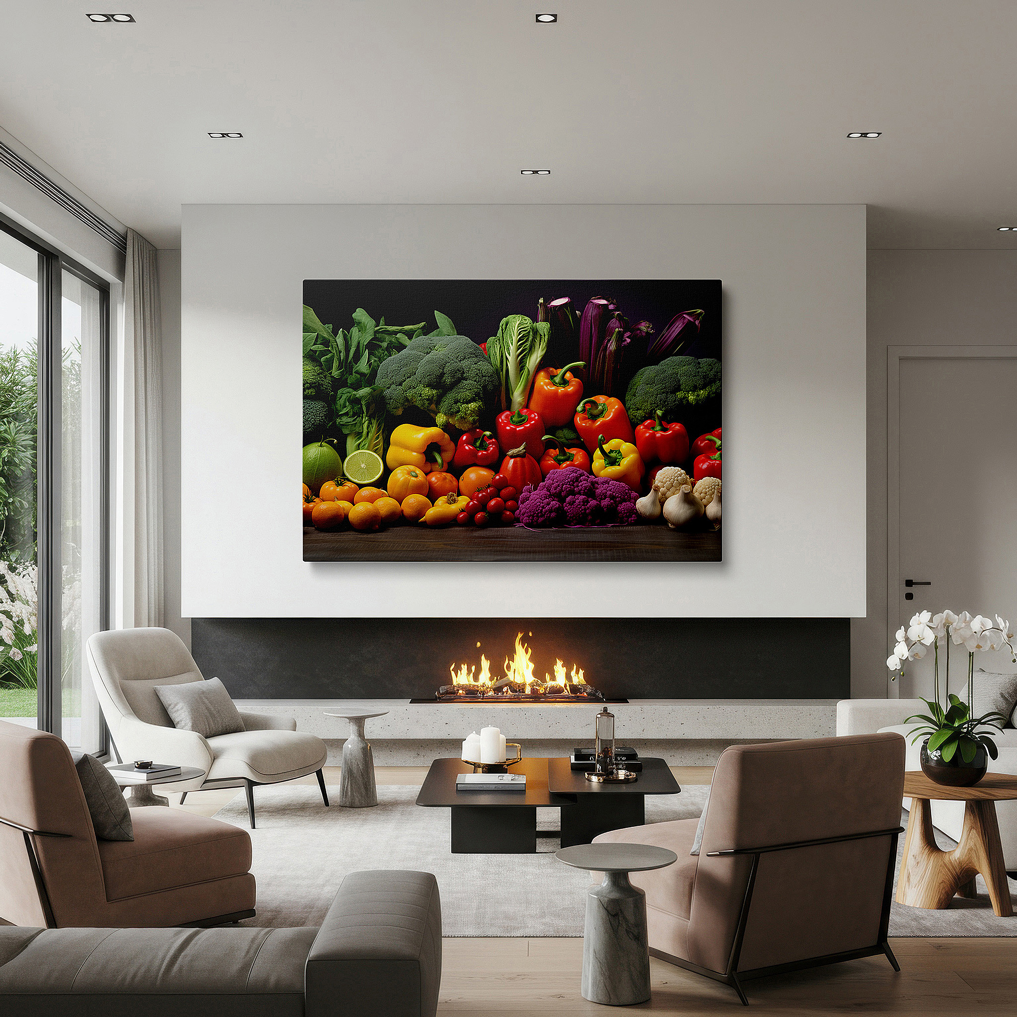 Set in a minimalist interior with textured walls and soft rugs — wall art: celebrating freshness and health with vibrant vegetable images - large wall art, canvas wall art, wall decor for offices and bedrooms