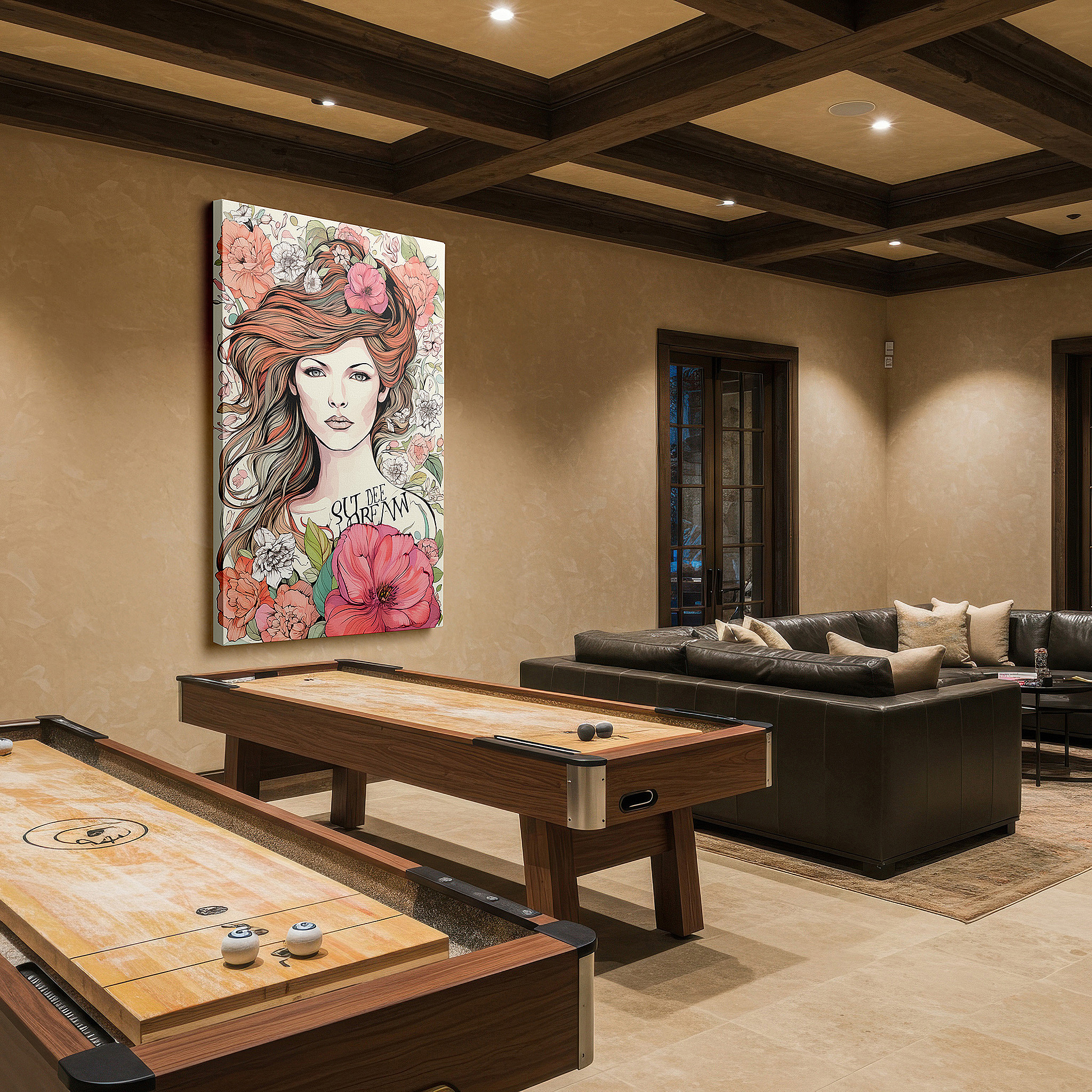 Set in a minimalist interior with textured walls and soft rugs — wall art: commanding presence and serenity in a woman's look surrounded by bright floral arrangement - large canvas wall art for office and bedroom decor
