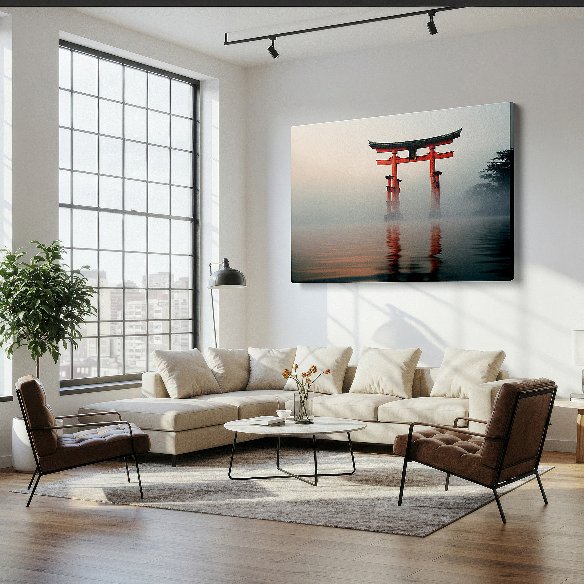 Set in a minimalist interior with textured walls and soft rugs — wall art: enchanting red torii gate on a misty waterscape - a gateway to peace and reflection. large canvas wall art for home and office decor.