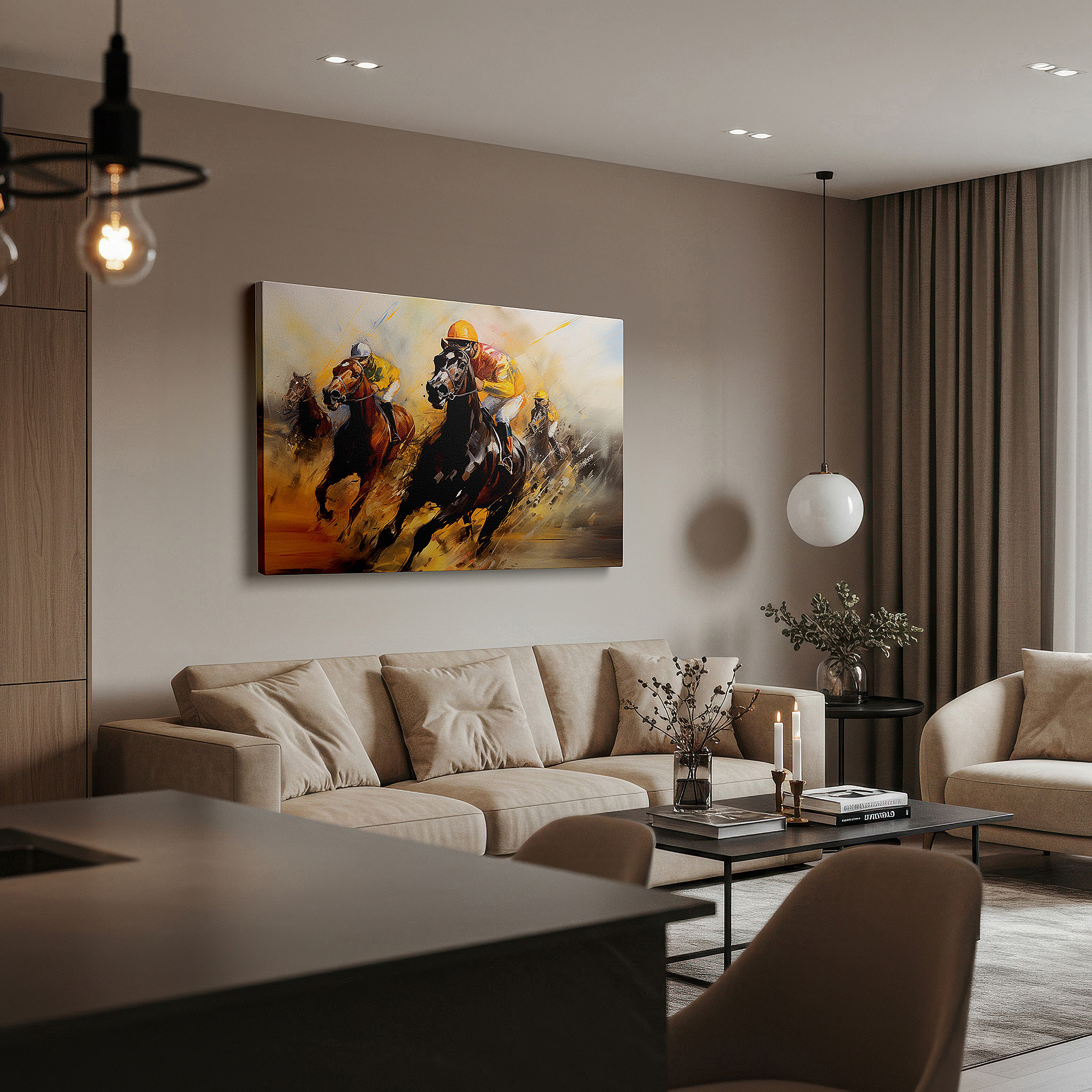 Set in a minimalist interior with textured walls and soft rugs — wall art: exciting horse racing scene depicting intense rivalry and lively energy - large canvas wall art for office and bedroom decor