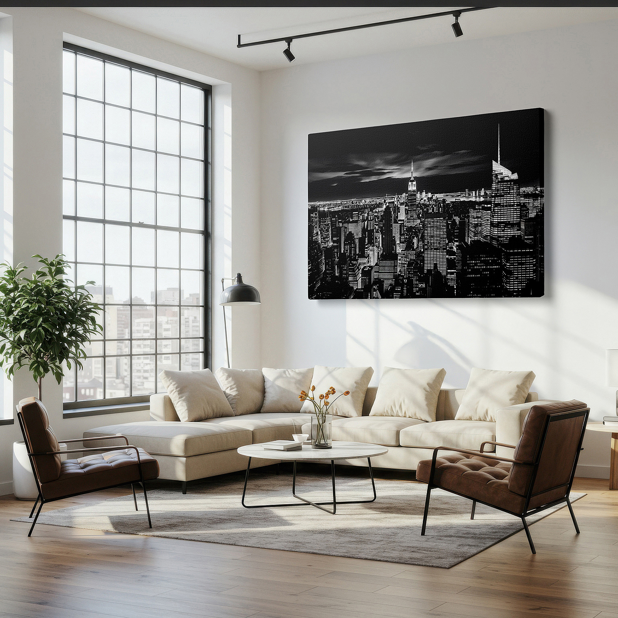 Set in a minimalist interior with textured walls and soft rugs — wall art: experience the timeless elegance of new york's night skyline with the iconic empire state building - large canvas wall art perfect for office decor