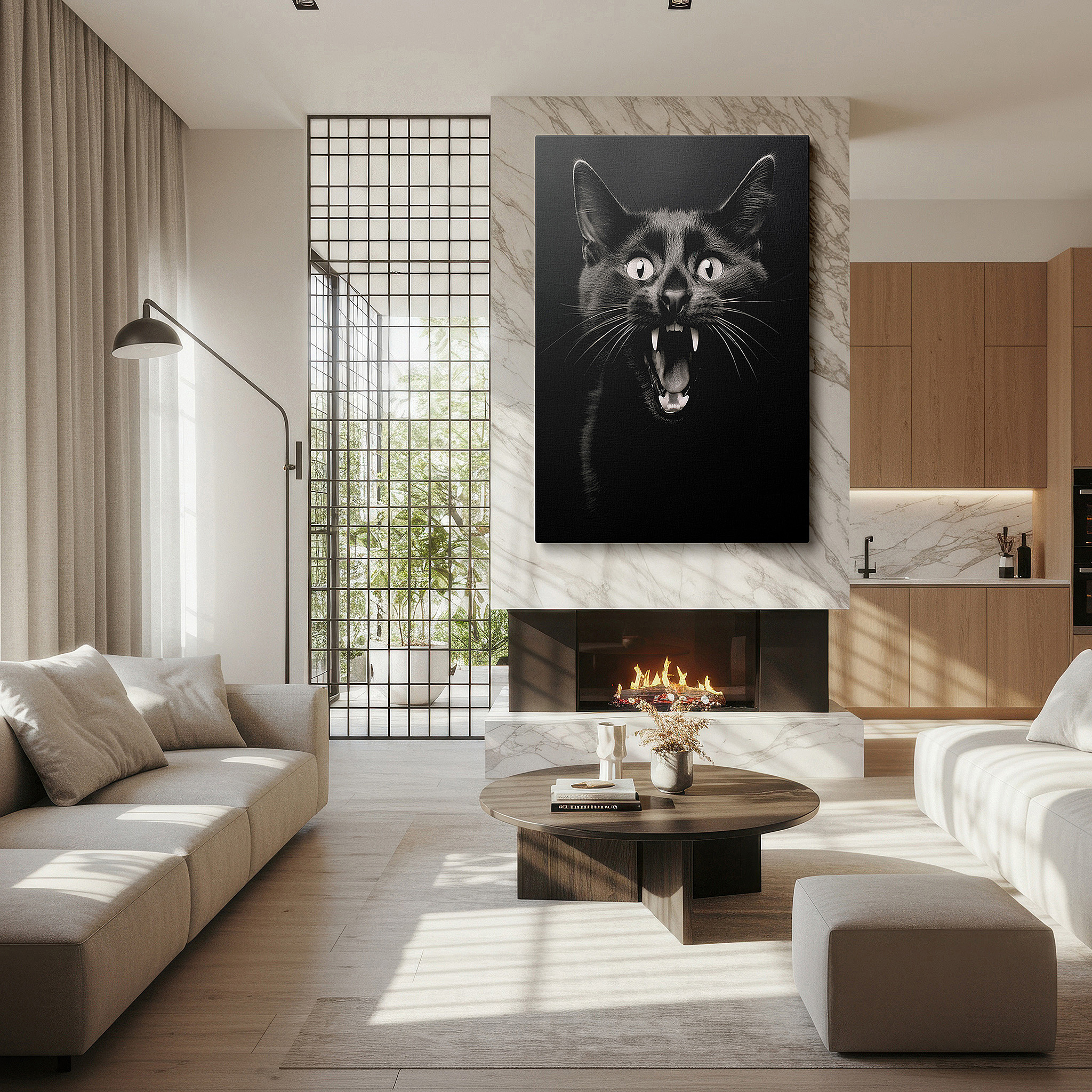 Set in a minimalist interior with textured walls and soft rugs — wall art: fierce black cat in mid-roar exuding pure emotion and untamed essence - ideal for living room, bedroom, or office decor, available as large canvas wall art