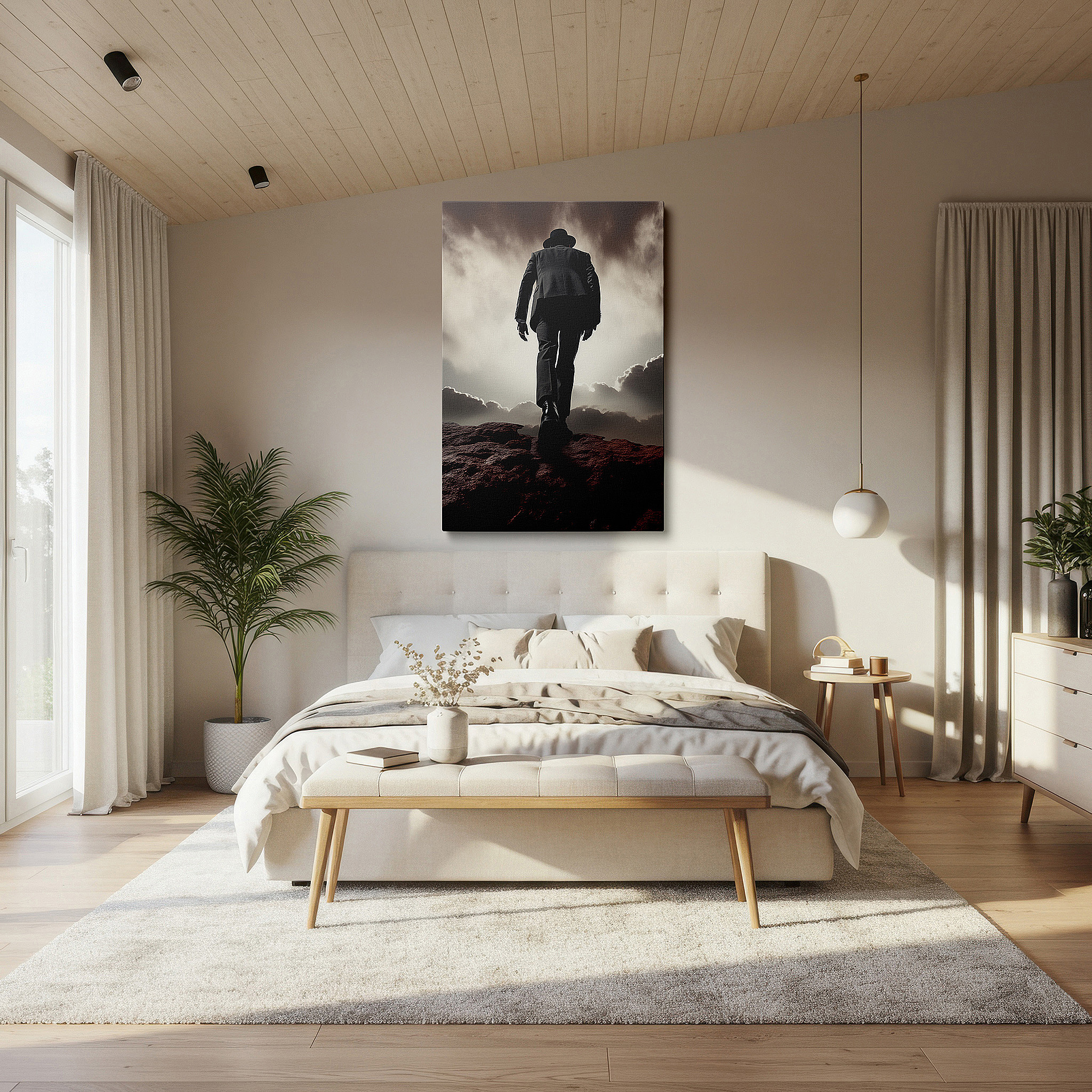 Set in a minimalist interior with textured walls and soft rugs — wall art: "the journey of solitude and struggle under a tumultuous sky" - large canvas for office, bedroom, and living room decor