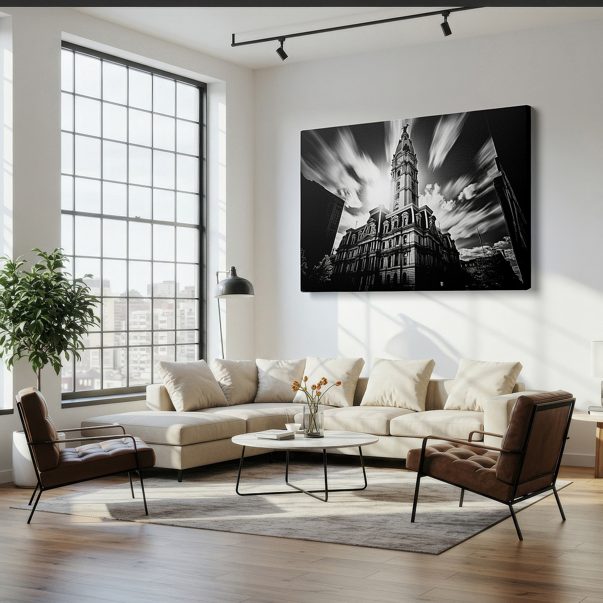 Set in a minimalist interior with textured walls and soft rugs — wall art: majestic tower in golden sunlight against stormy skies - large canvas for office, living room, or bedroom decor