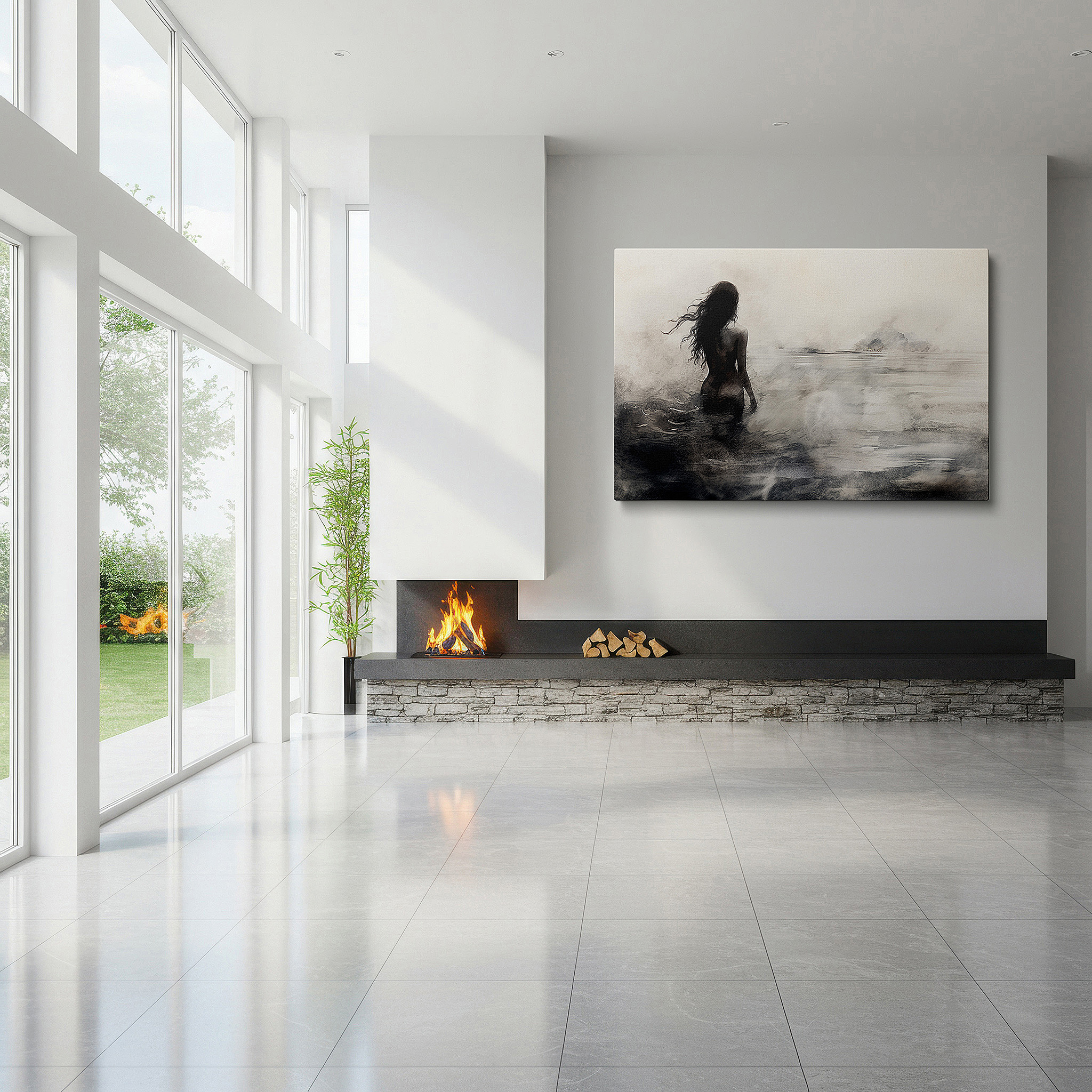 Set in a minimalist interior with textured walls and soft rugs — wall art: "solitary silhouette in misty waters" - a serene and haunting depiction of isolation. ideal for large wall spaces, canvas wall art, home and office decor.