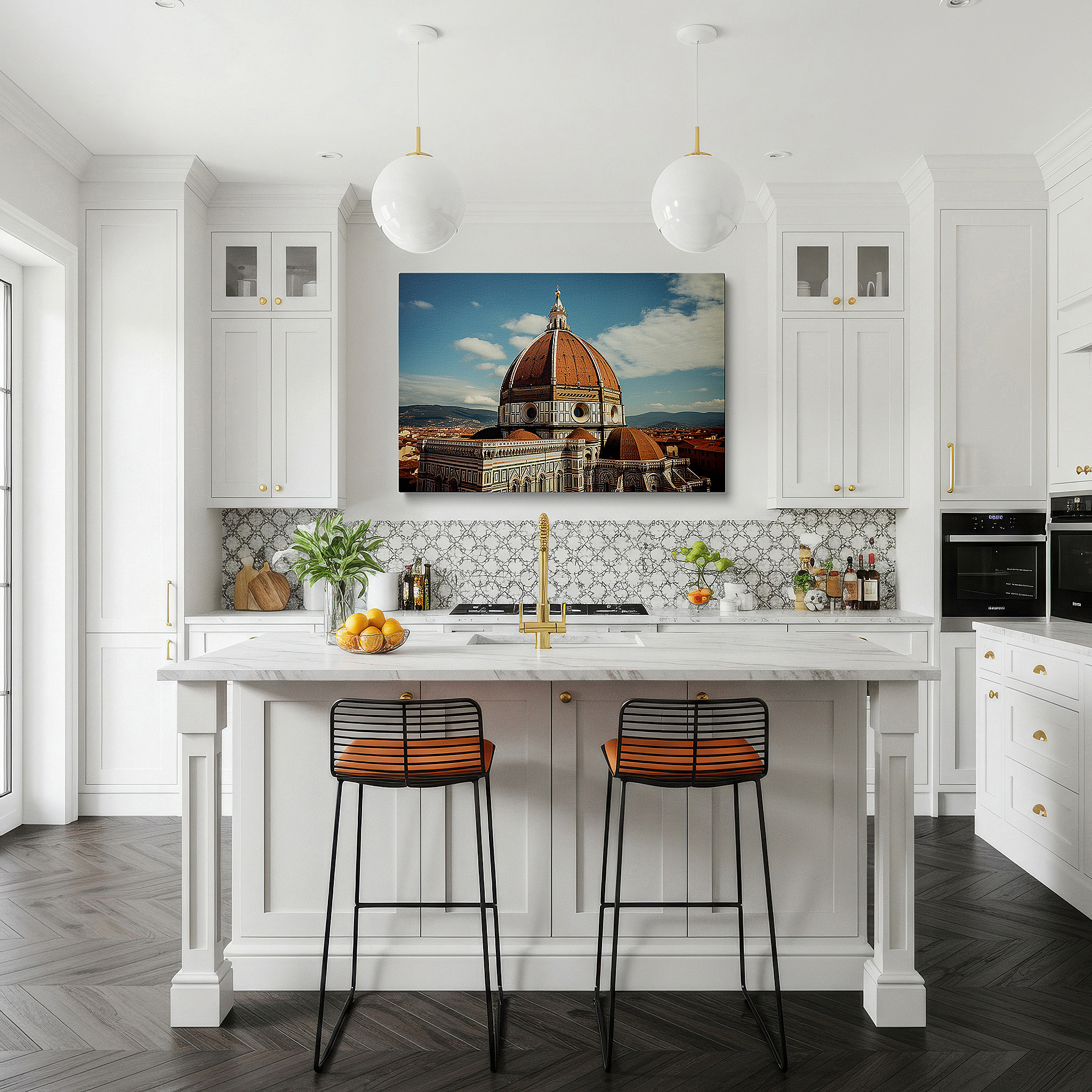 Set in a minimalist interior with textured walls and soft rugs — wall art: sunset over florence's cathedral dome - a renaissance masterpiece. large canvas wall art for office and bedroom decor.