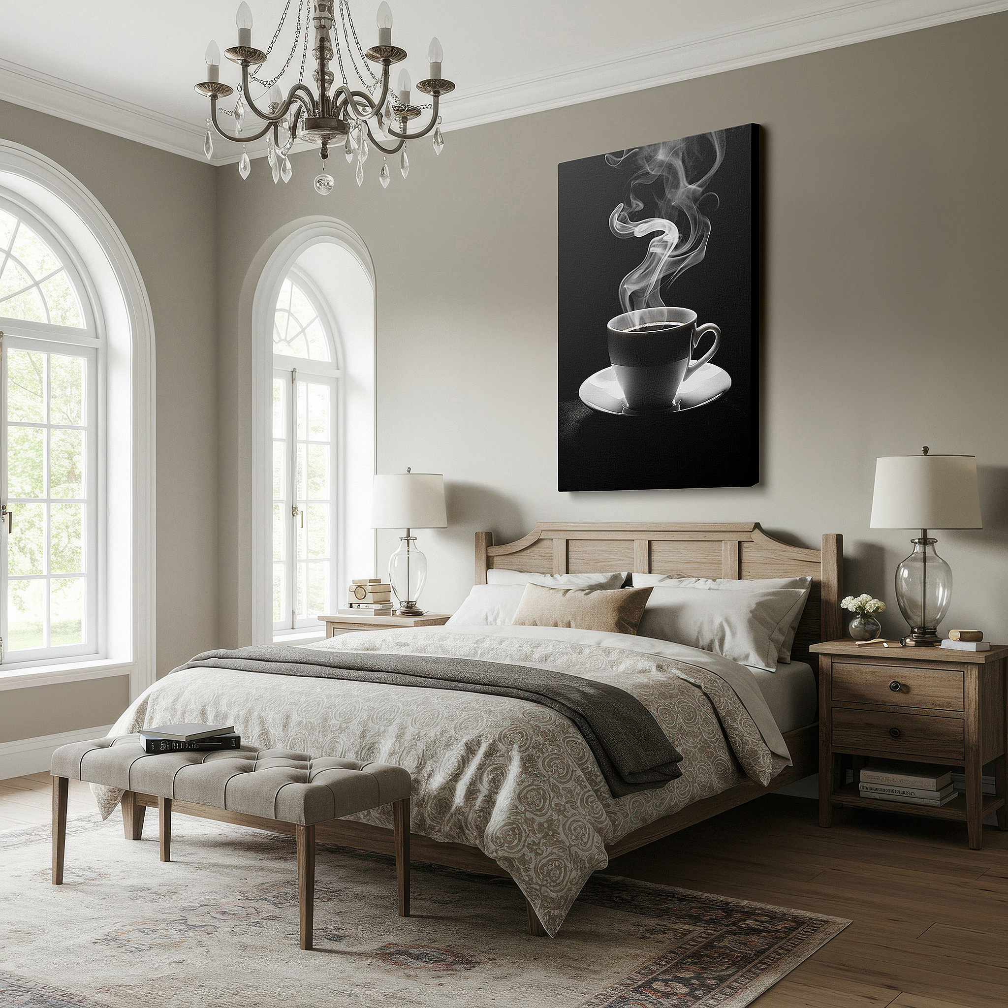 Set in a minimalist interior with textured walls and soft rugs — wall art: "a tranquil morning" featuring a steaming cup of coffee, embodying warmth and simplicity. ideal for large spaces, canvas decor, and office environments.