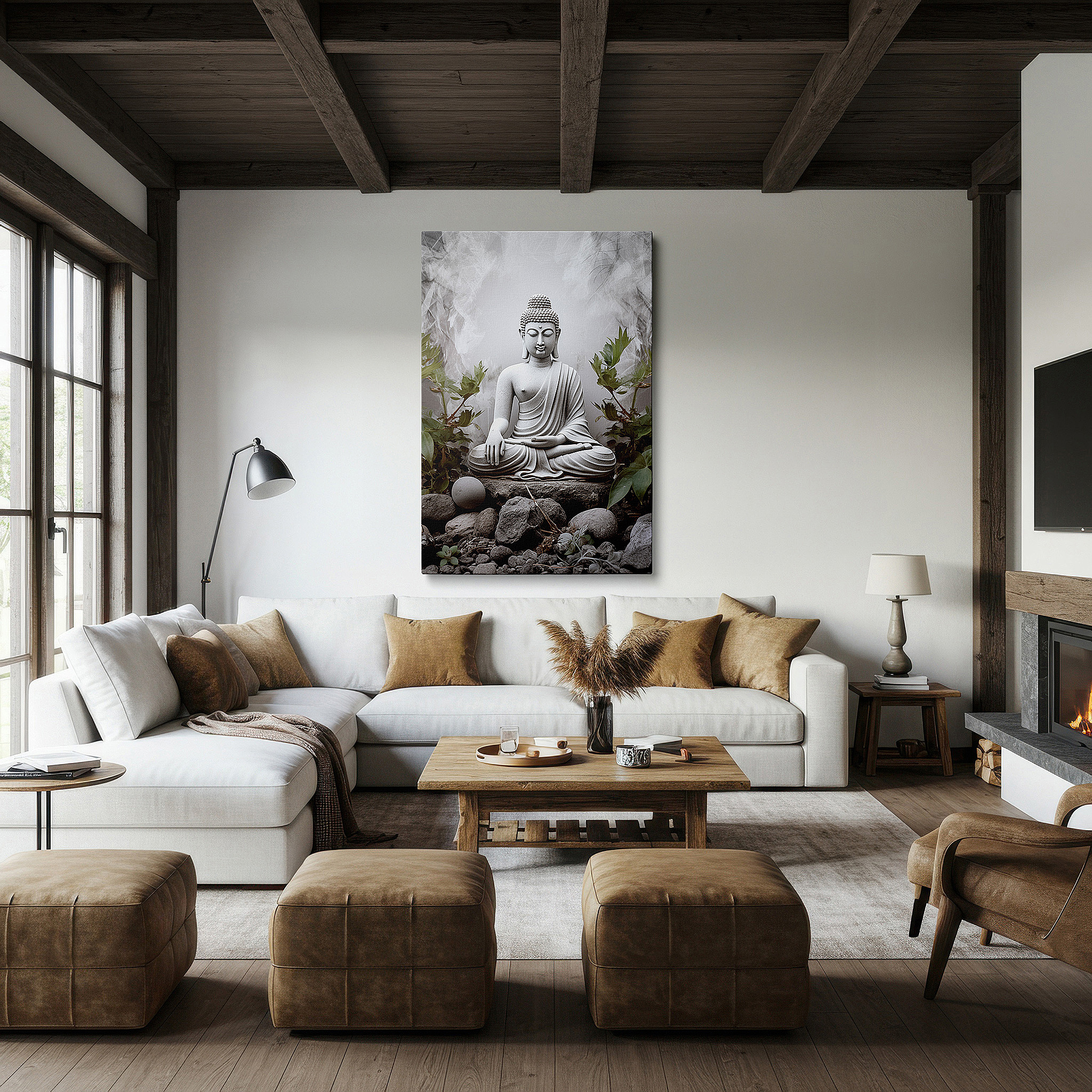 Set in a minimalist interior with textured walls and soft rugs — wall art: tranquil white marble buddha surrounded by verdant foliage - a representation of peace and enlightenment. ideal for home or office decor, available as large canvas wall art.