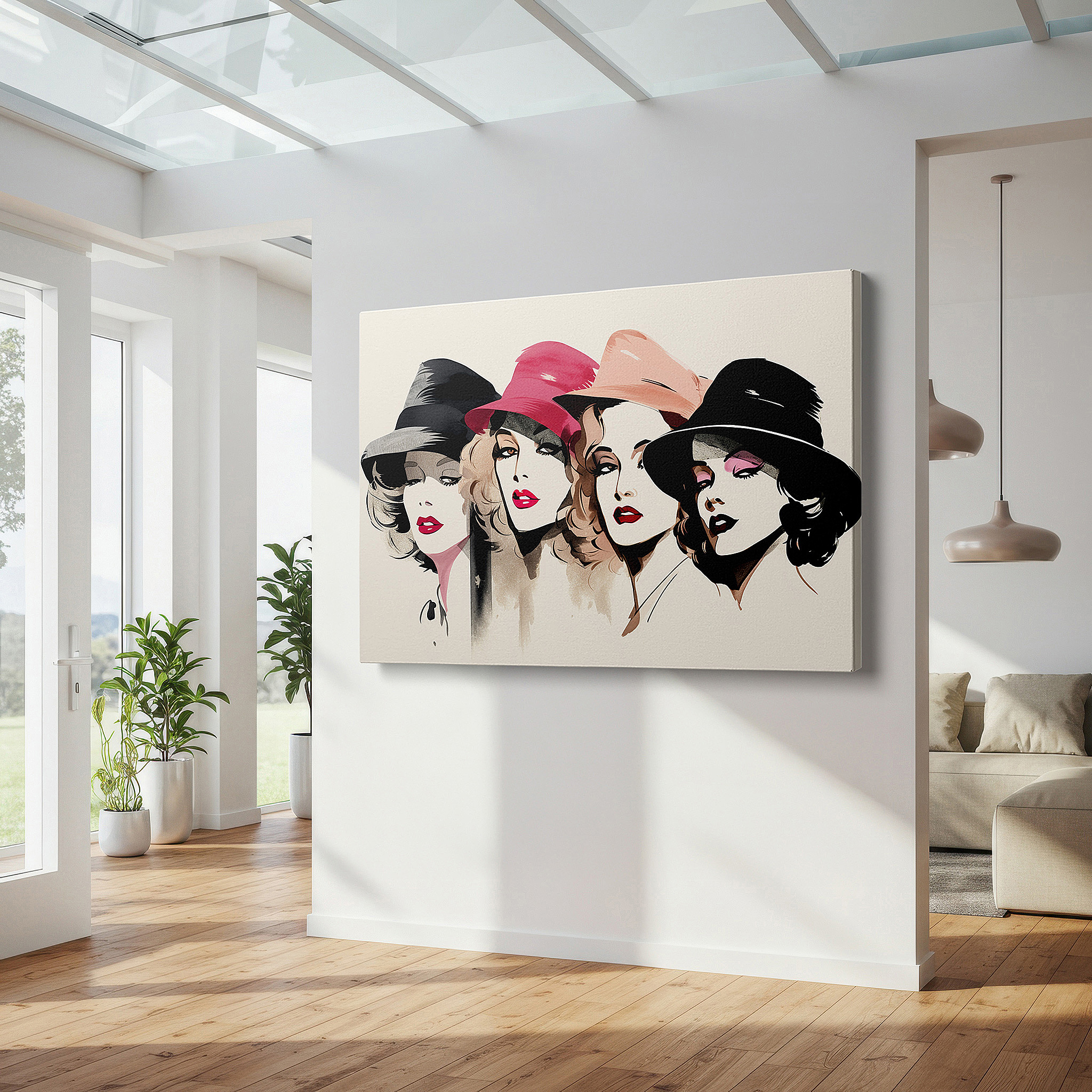 Set in a minimalist interior with textured walls and soft rugs — wall decor: elegant early 20th century fashion with four women in unique hats - large canvas art for home and office