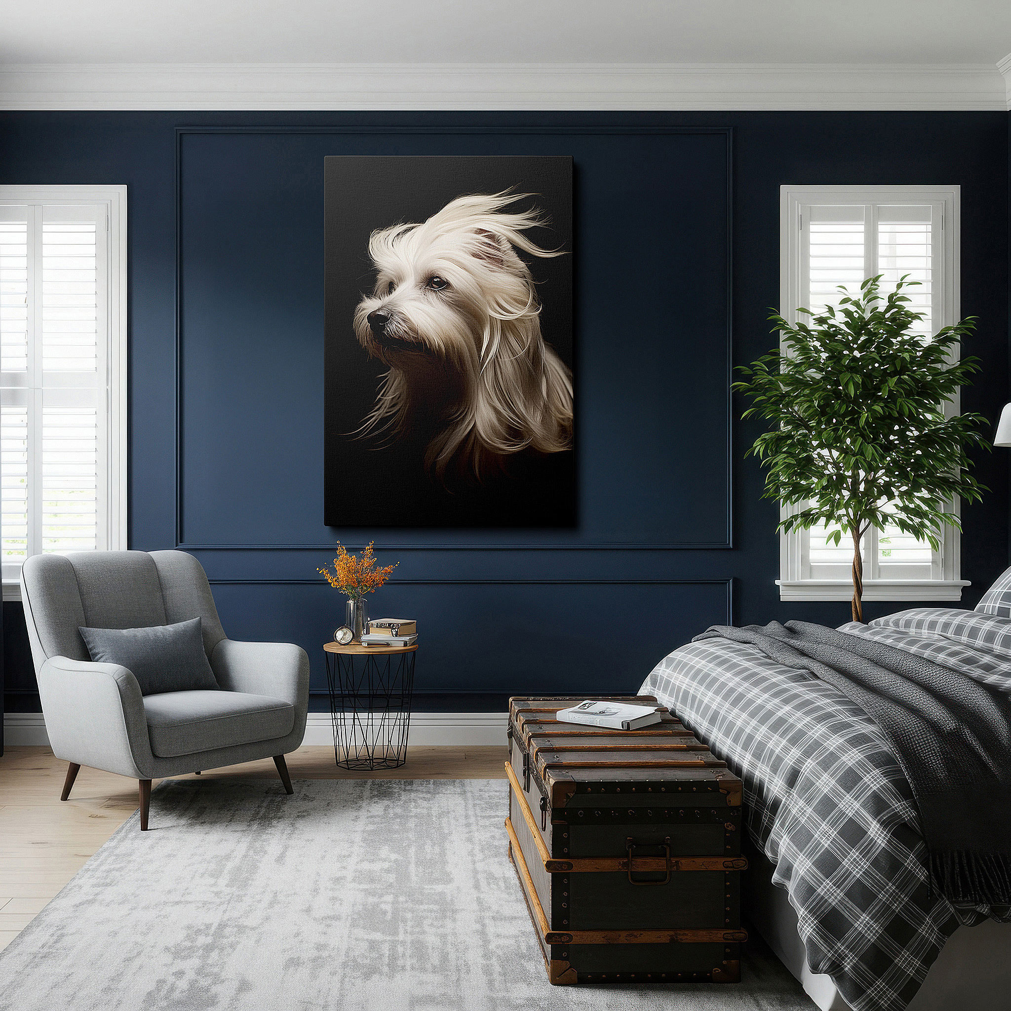 Set in a minimalist interior with textured walls and soft rugs — wall decor: elegant long-haired dog in enchanted light - symbolizing canine grace and sophistication, large canvas art for home and office