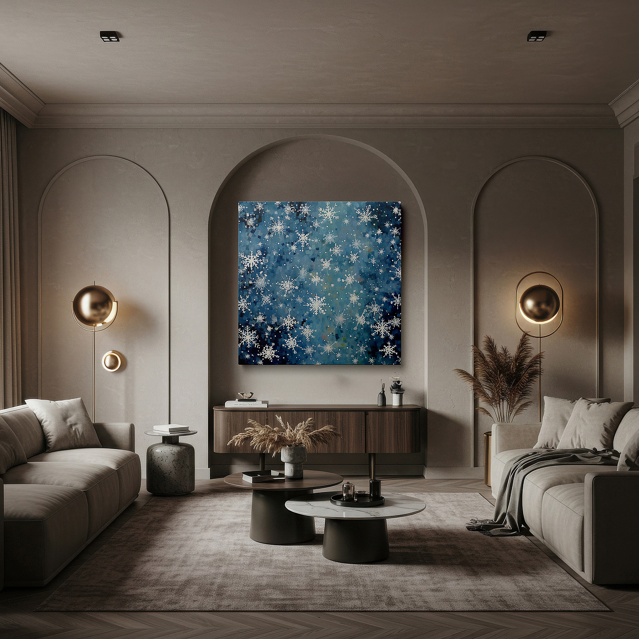 Set in a minimalist interior with textured walls and soft rugs — winter's embrace: a serene dance of snowflakes against the deep blue night - large canvas wall art for office and bedroom decor