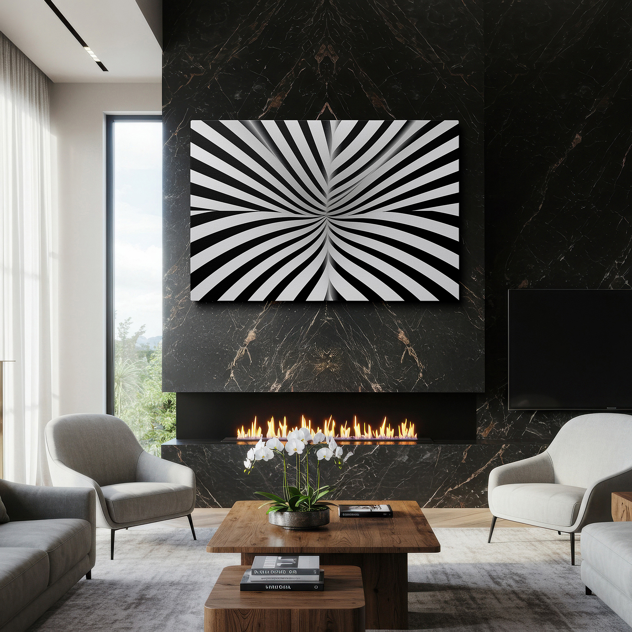 Side profile highlights a tightly wrapped canvas over a 3 cm deep stretcher — black and white hypnotic spiral, dynamic abstract vortex canvas, inspiring large wall art for office decor