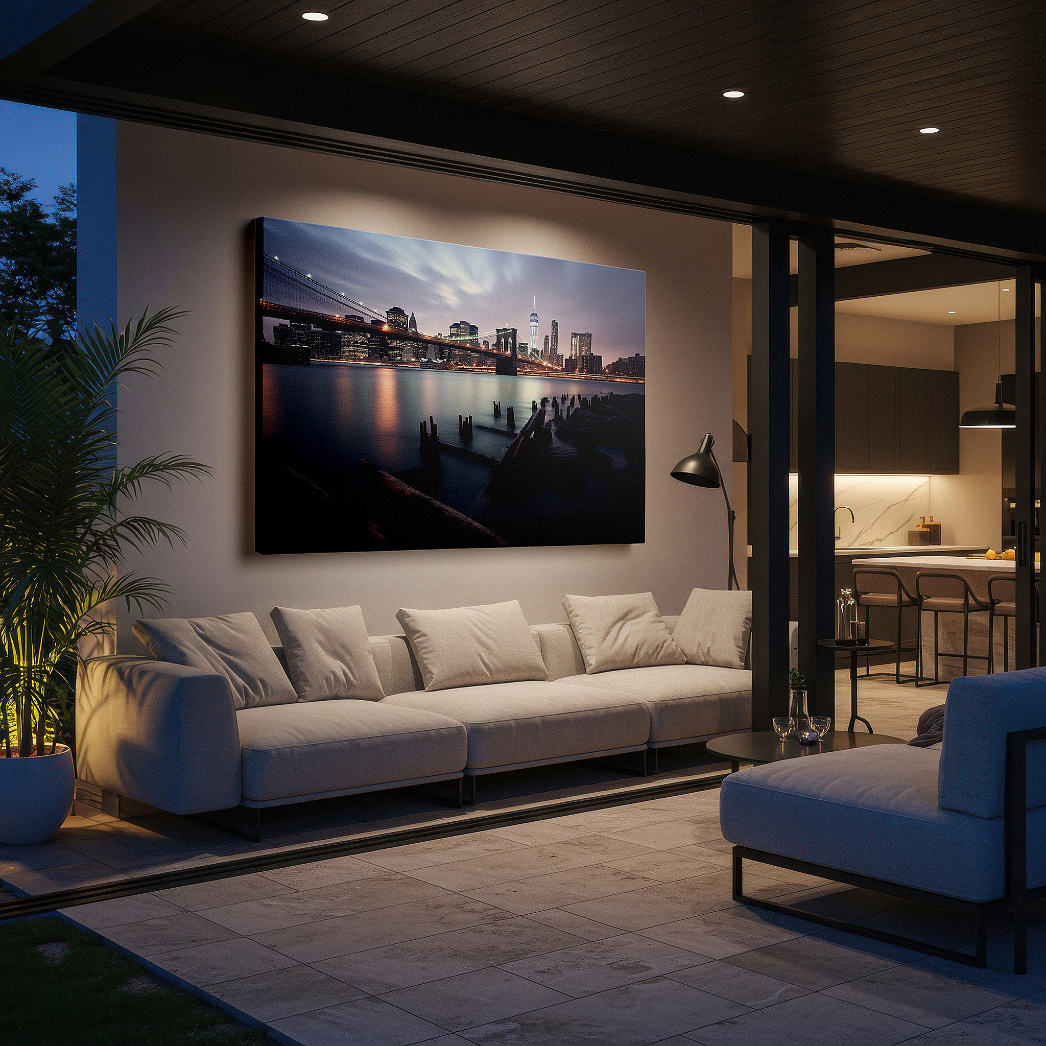 Side profile highlights a tightly wrapped canvas over a 3 cm deep stretcher — brooklyn bridge at dusk: a harmonious blend of nature and architecture - large canvas wall art for office and bedroom decor