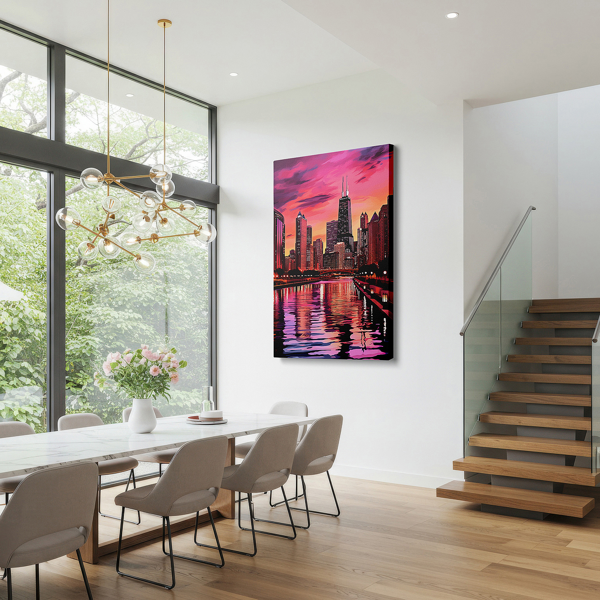 Side profile highlights a tightly wrapped canvas over a 3 cm deep stretcher — chicago skyline at sunset canvas wall art: enchanting purple and pink hues, ideal for office wall decor