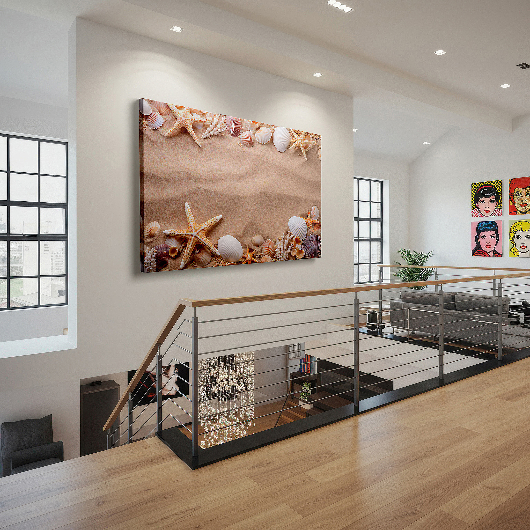 Side profile highlights a tightly wrapped canvas over a 3 cm deep stretcher — coastal-inspired wall art featuring seashells and starfish on a sandy background - perfect for living rooms, bedrooms, and offices