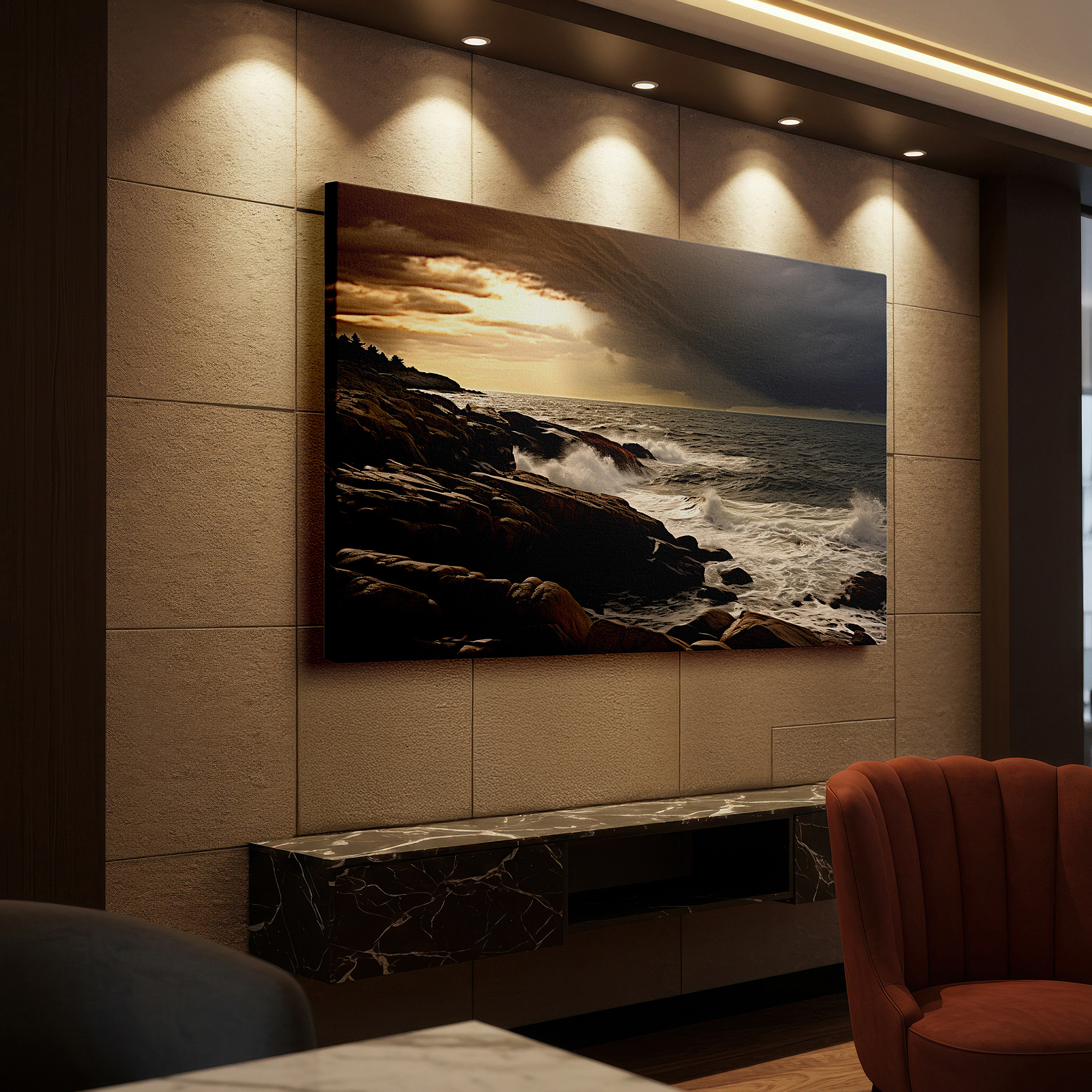 Side profile highlights a tightly wrapped canvas over a 3 cm deep stretcher — coastal sunset and approaching storm - exploring nature's calm and chaos large wall art, canvas print, home and office decor