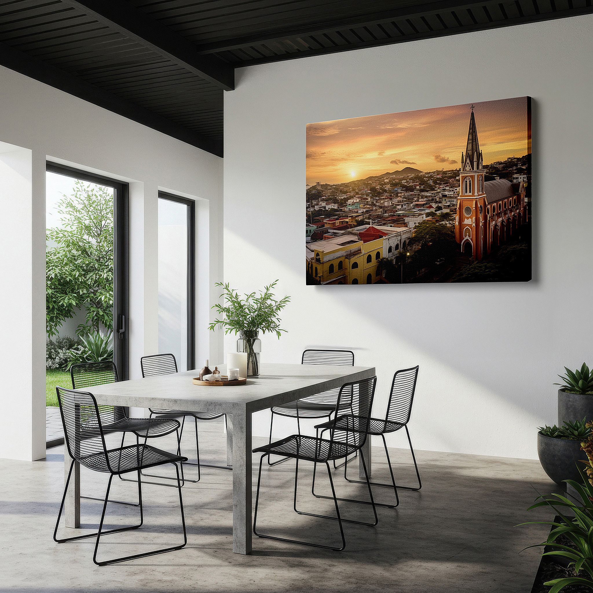Side profile highlights a tightly wrapped canvas over a 3 cm deep stretcher — coastal town sunset serenity: fiery hues and tranquil silhouettes - large canvas wall art for home and office decor