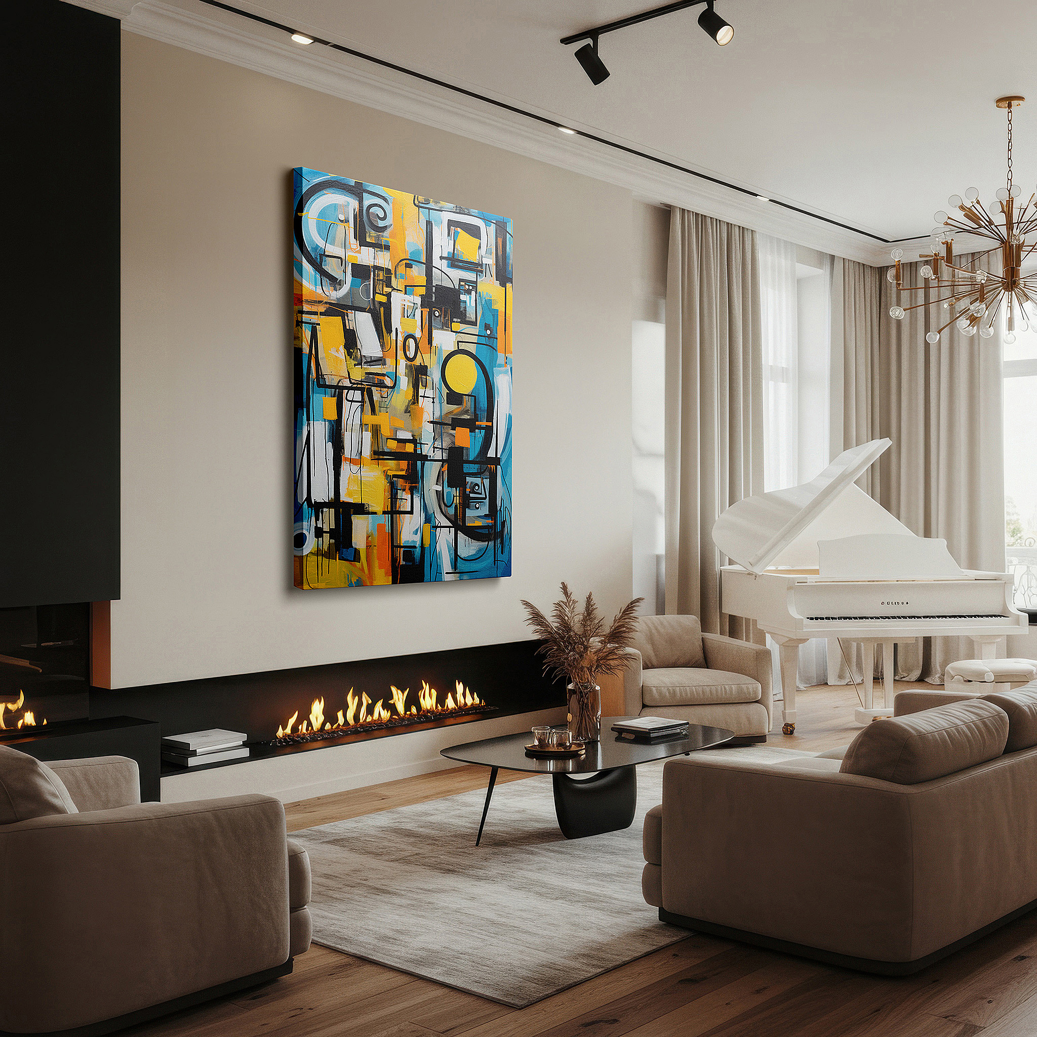 Side profile highlights a tightly wrapped canvas over a 3 cm deep stretcher — contemporary abstract art in blue, yellow, and black - a vibrant blend of creativity and innovation for large wall decor, canvas art, office wall decor