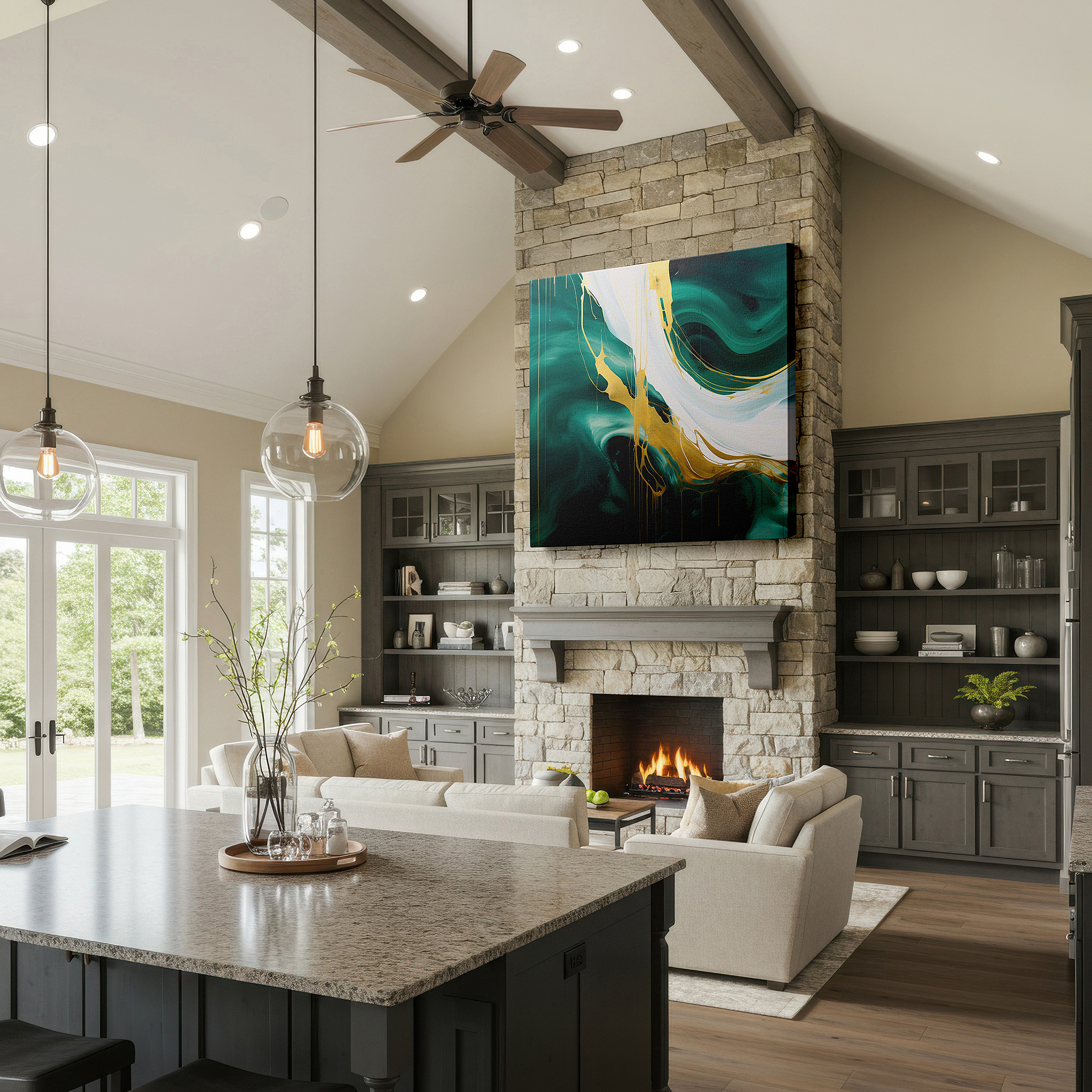 Side profile highlights a tightly wrapped canvas over a 3 cm deep stretcher — contemporary elegance in lush green and luxurious gold: large wall art, canvas wall art, wall decor for offices