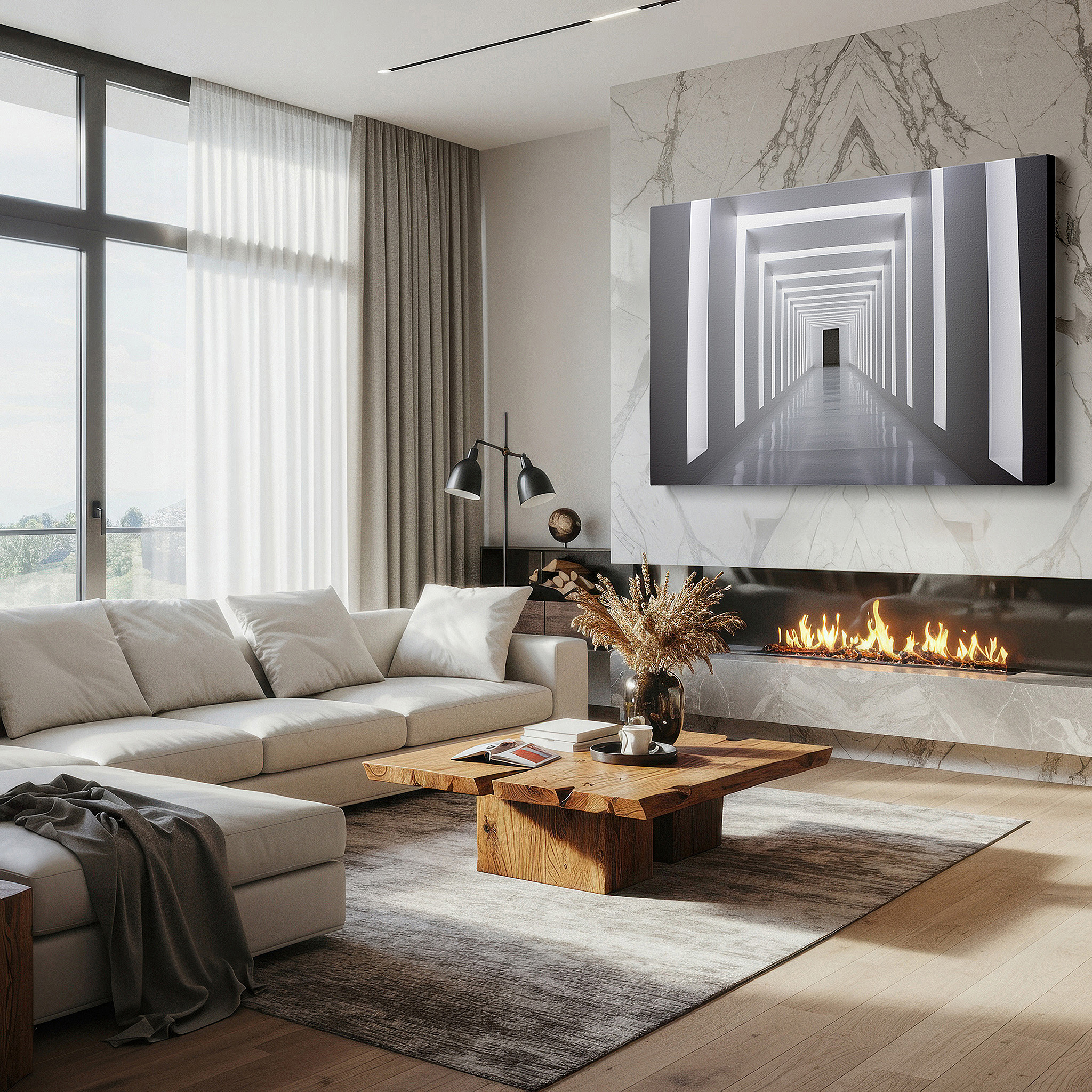 Side profile highlights a tightly wrapped canvas over a 3 cm deep stretcher — elegant abstract art in modern corridor featuring soft pastels and silver highlights, large canvas wall art, wall decor for office