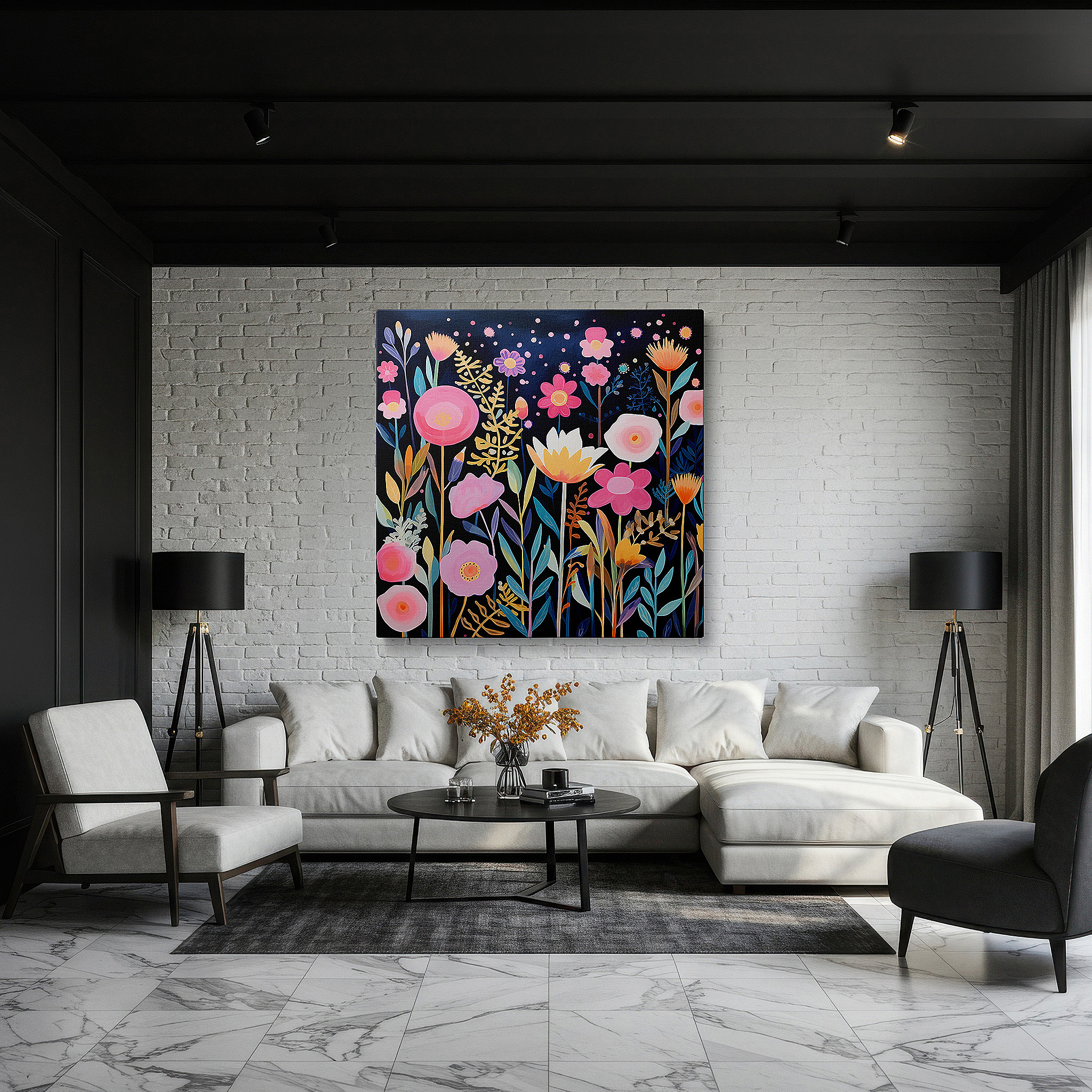 Side profile highlights a tightly wrapped canvas over a 3 cm deep stretcher — enchanted garden featuring vivid pinks, bright yellows, and pure whites - large canvas wall art for home and office decor