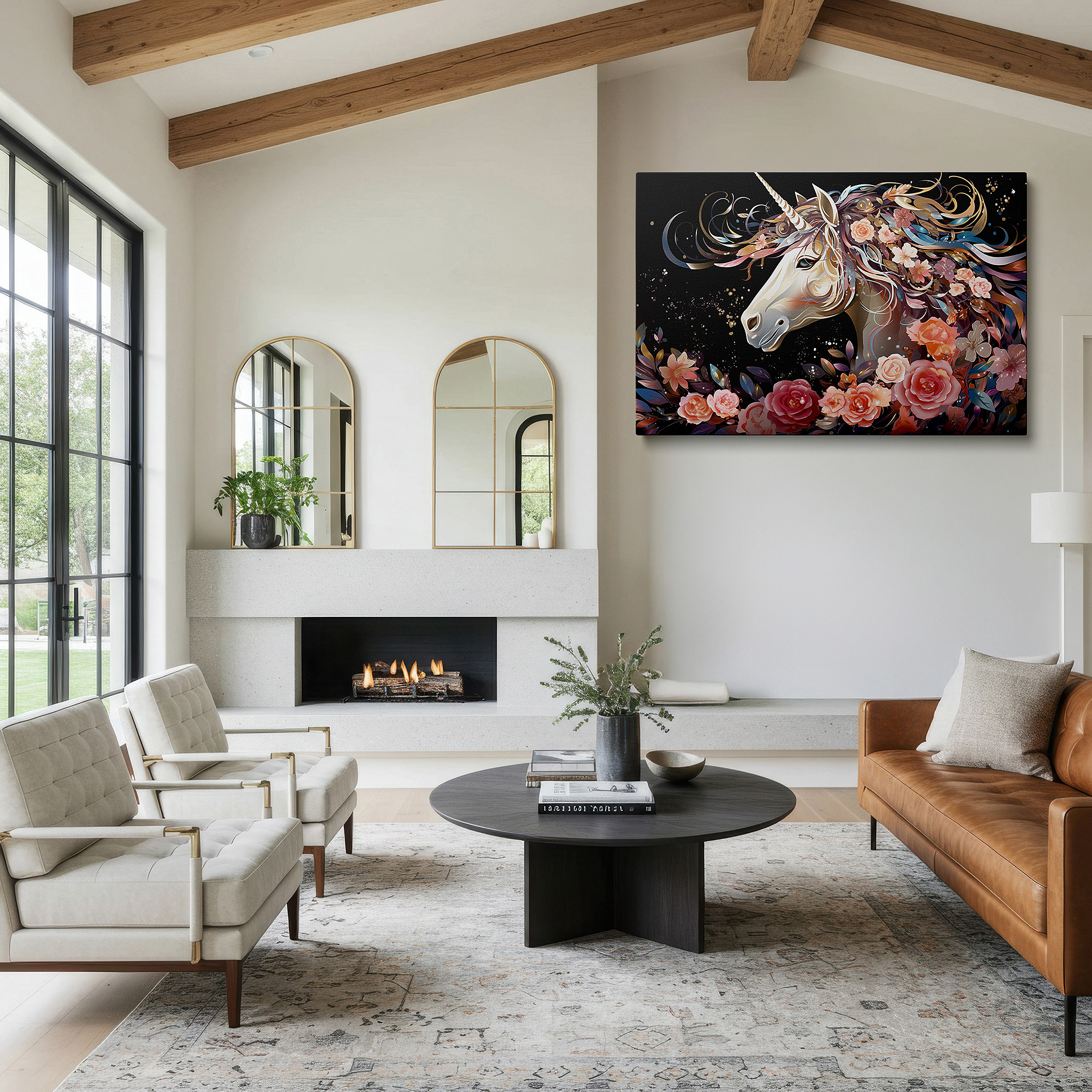 Side profile highlights a tightly wrapped canvas over a 3 cm deep stretcher — enchanting unicorn in a mystical world, vibrant and fantastical large wall art, canvas wall art, wall decor for office and bedroom