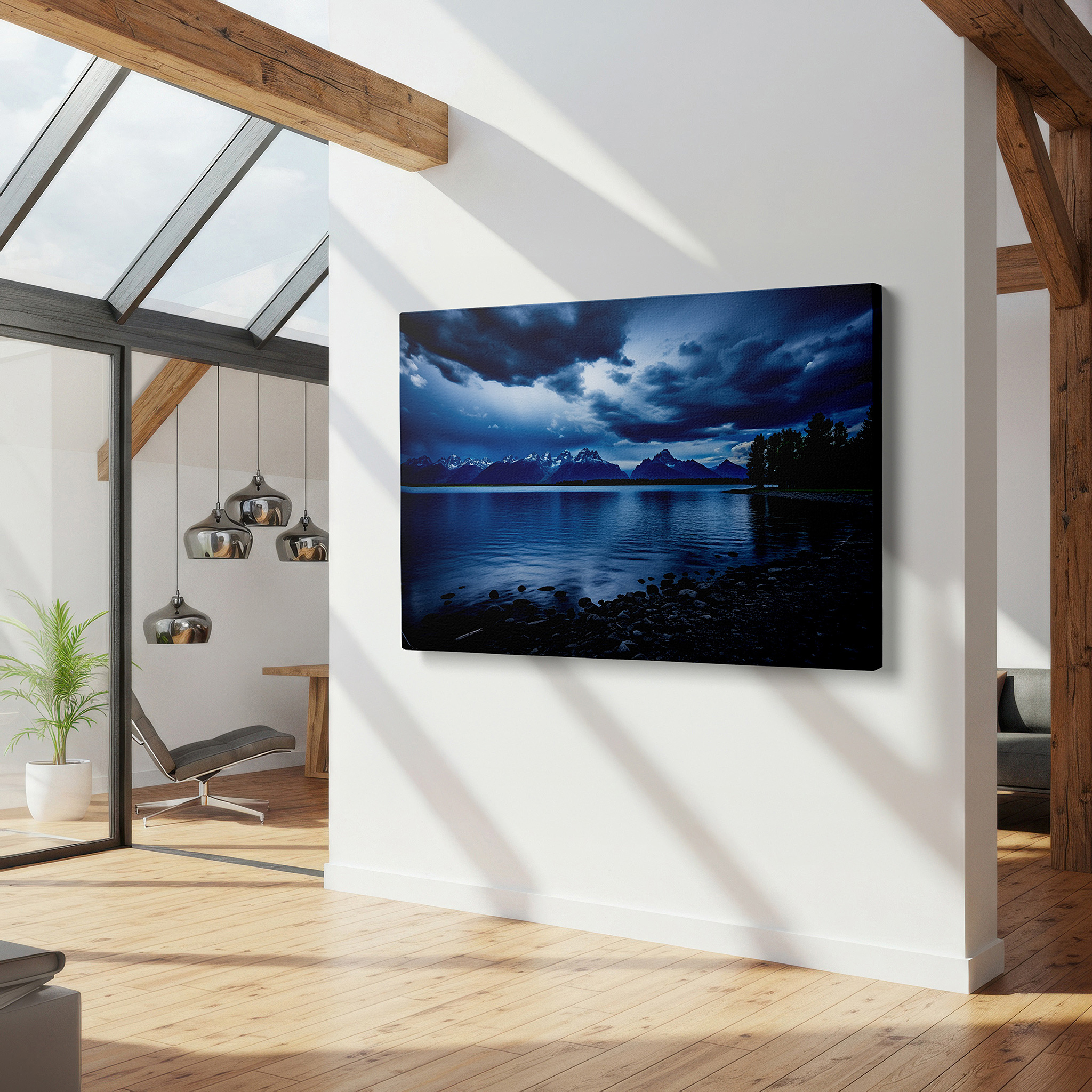 Side profile highlights a tightly wrapped canvas over a 3 cm deep stretcher — ethereal skies and tranquil lake reflections with majestic mountains large wall art, canvas wall decor for office and bedroom