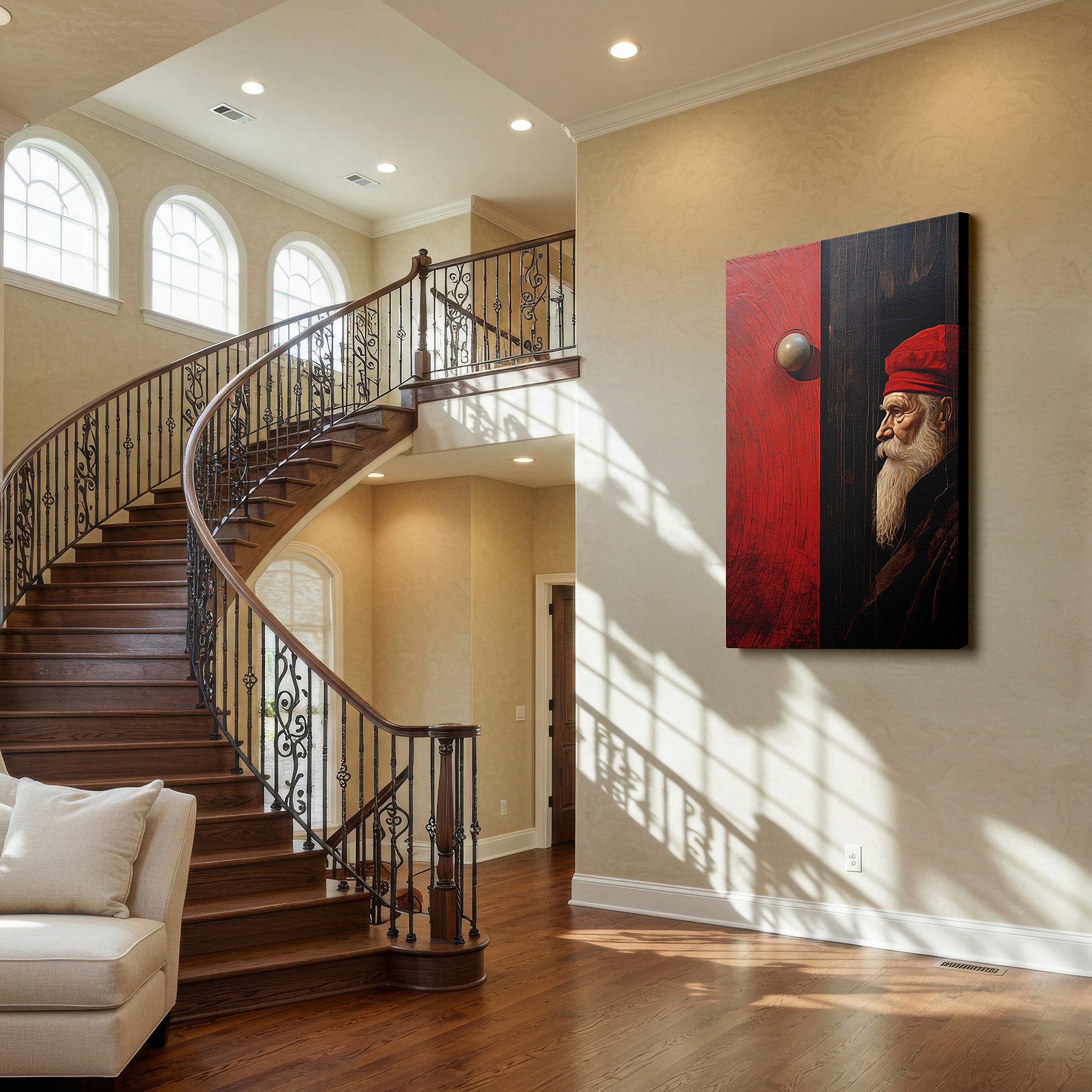 Side profile highlights a tightly wrapped canvas over a 3 cm deep stretcher — experience and wisdom-themed large wall art for living rooms, bedrooms, and offices