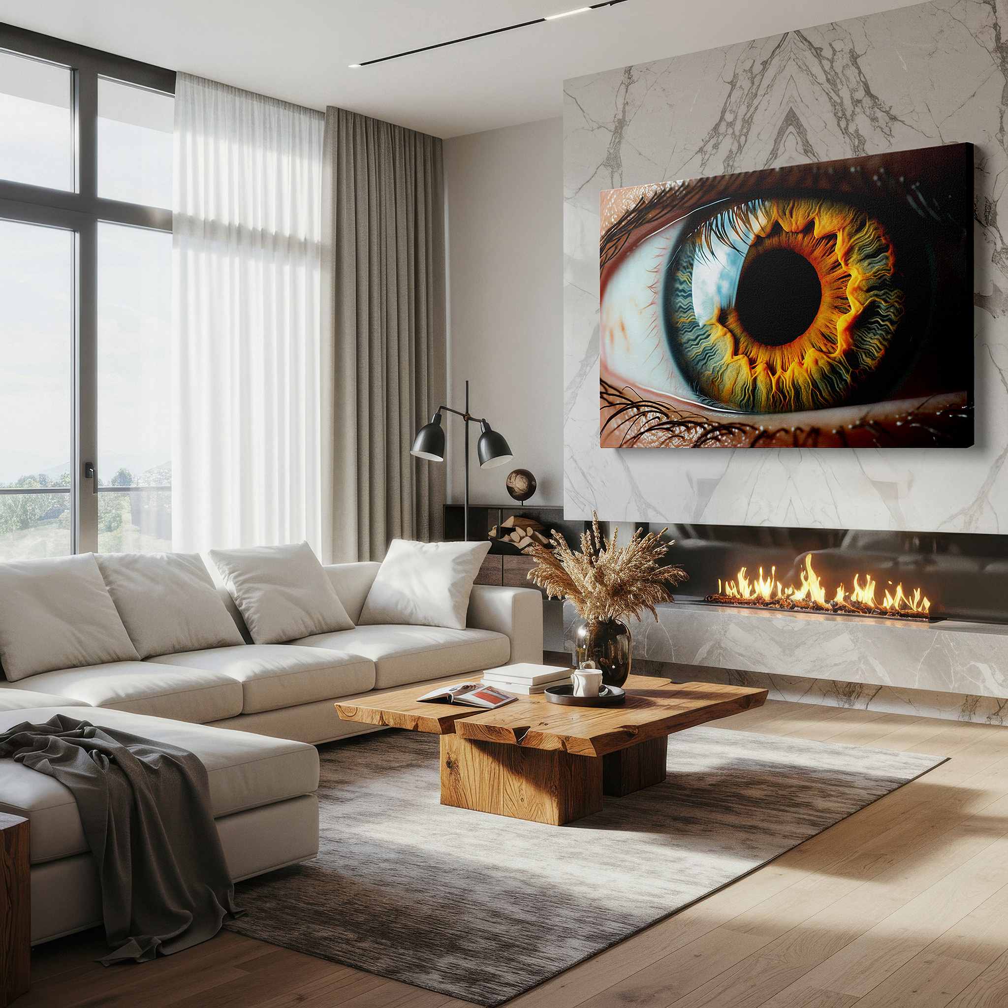 Side profile highlights a tightly wrapped canvas over a 3 cm deep stretcher — fiery iris gateway to the soul large canvas wall art for office, bedroom, and living room decor