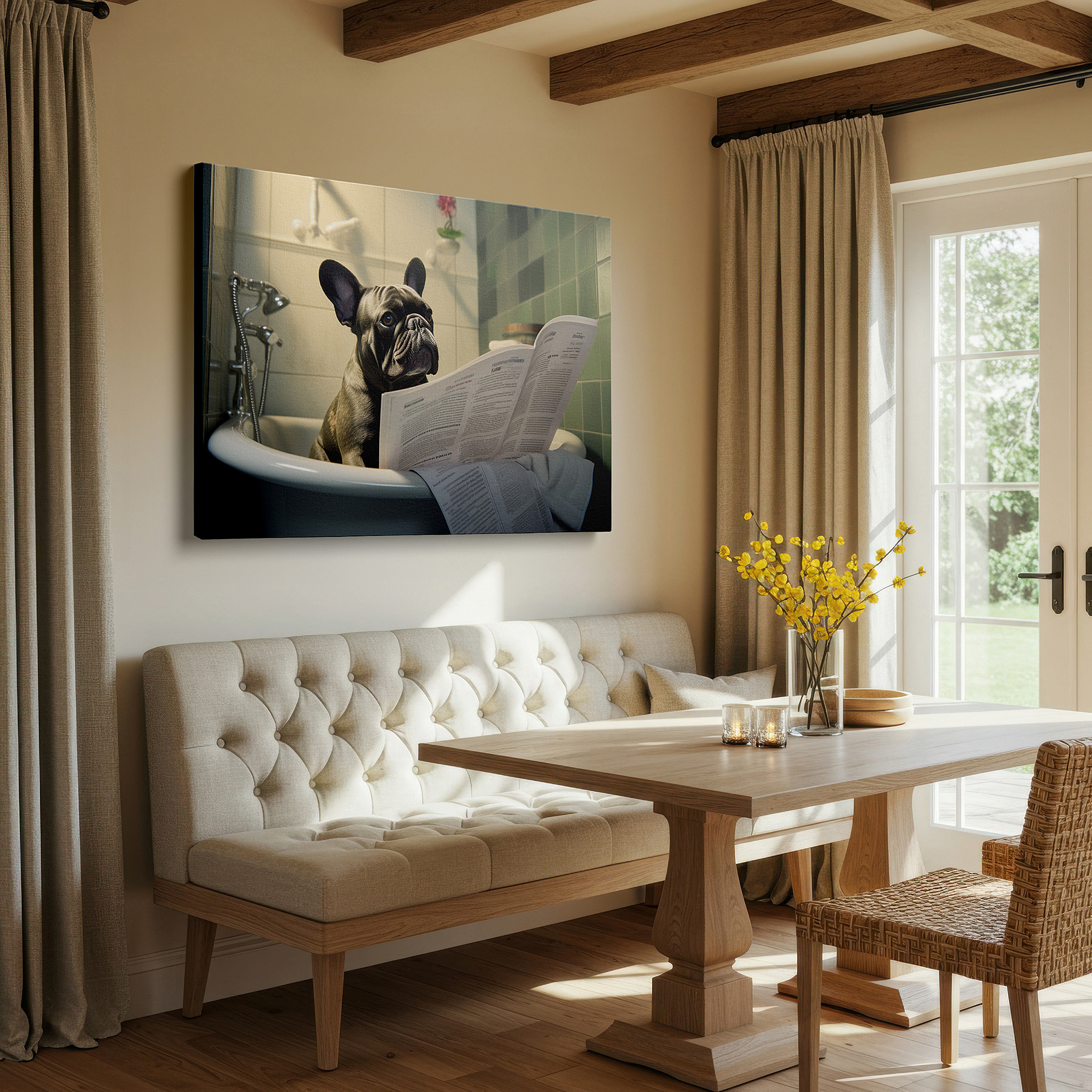 Side profile highlights a tightly wrapped canvas over a 3 cm deep stretcher — french bulldog enjoys cozy bathroom read large wall art, canvas wall art, wall art decor, office wall art, bedroom wall art, living room wall art