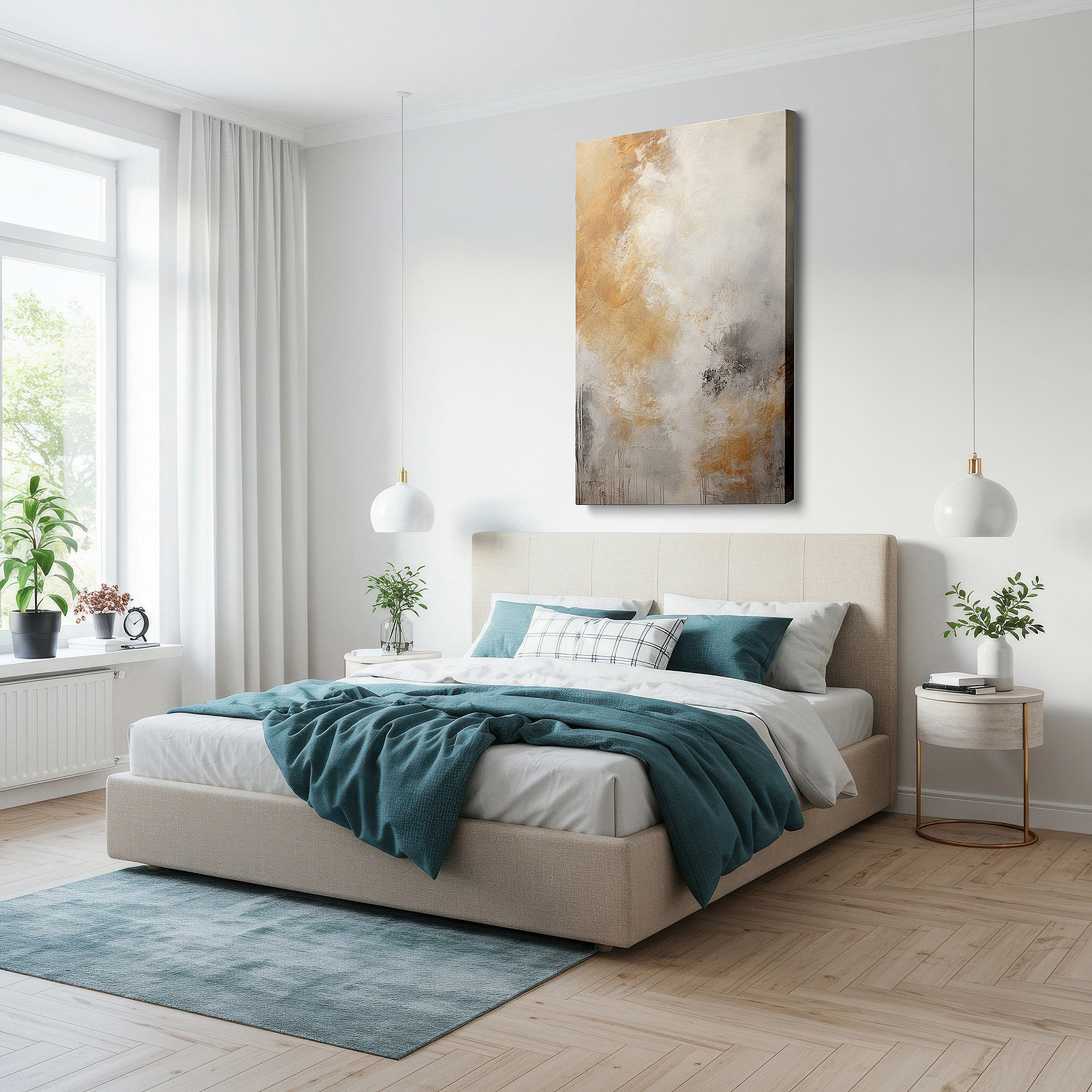 Side profile highlights a tightly wrapped canvas over a 3 cm deep stretcher — golden dawn tranquility: earthy textures and serene tones large wall art, canvas wall art, wall decor for office and bedroom