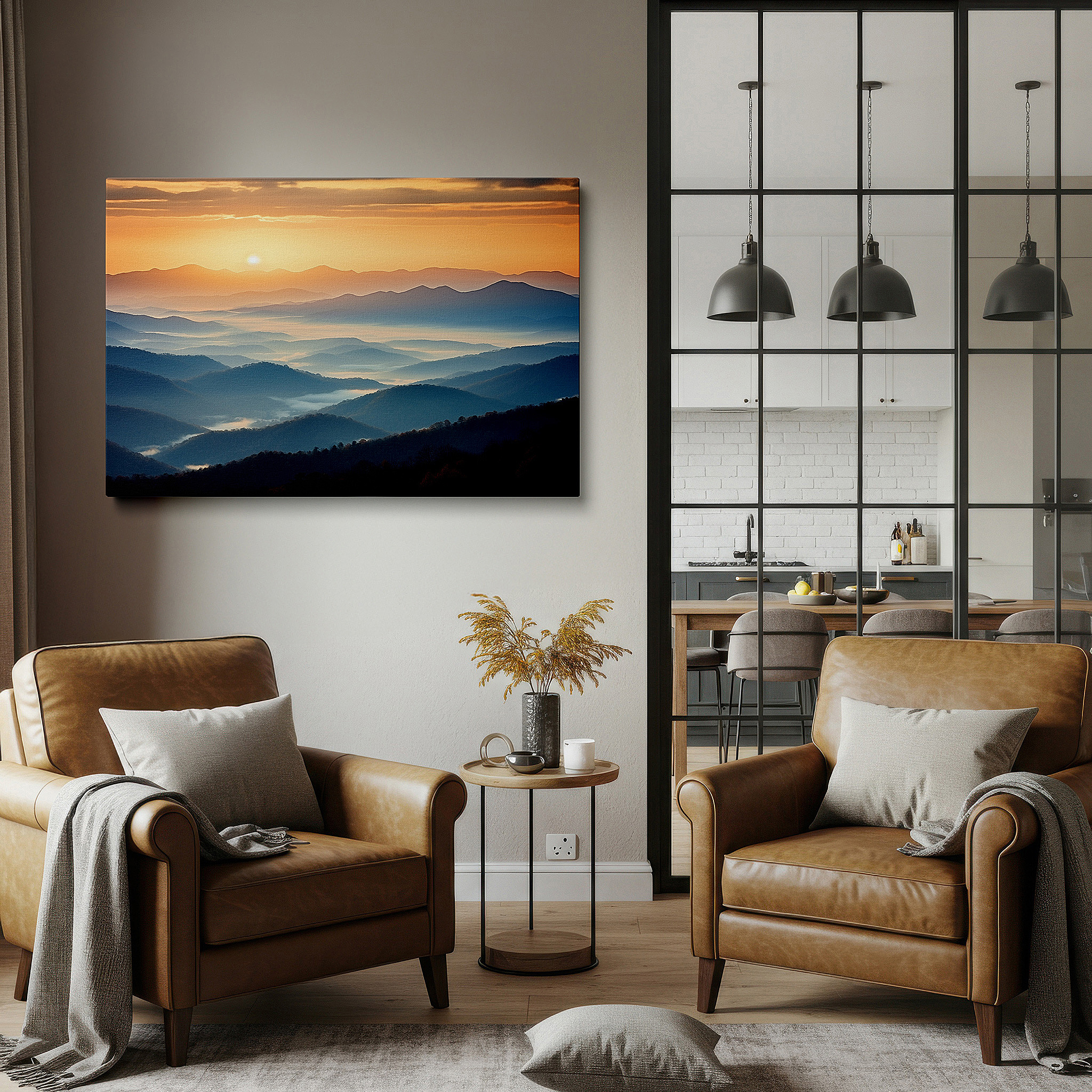 Side profile highlights a tightly wrapped canvas over a 3 cm deep stretcher — golden sunrise and mist over layered peaks - large canvas wall art for office, bedroom, and living room decor