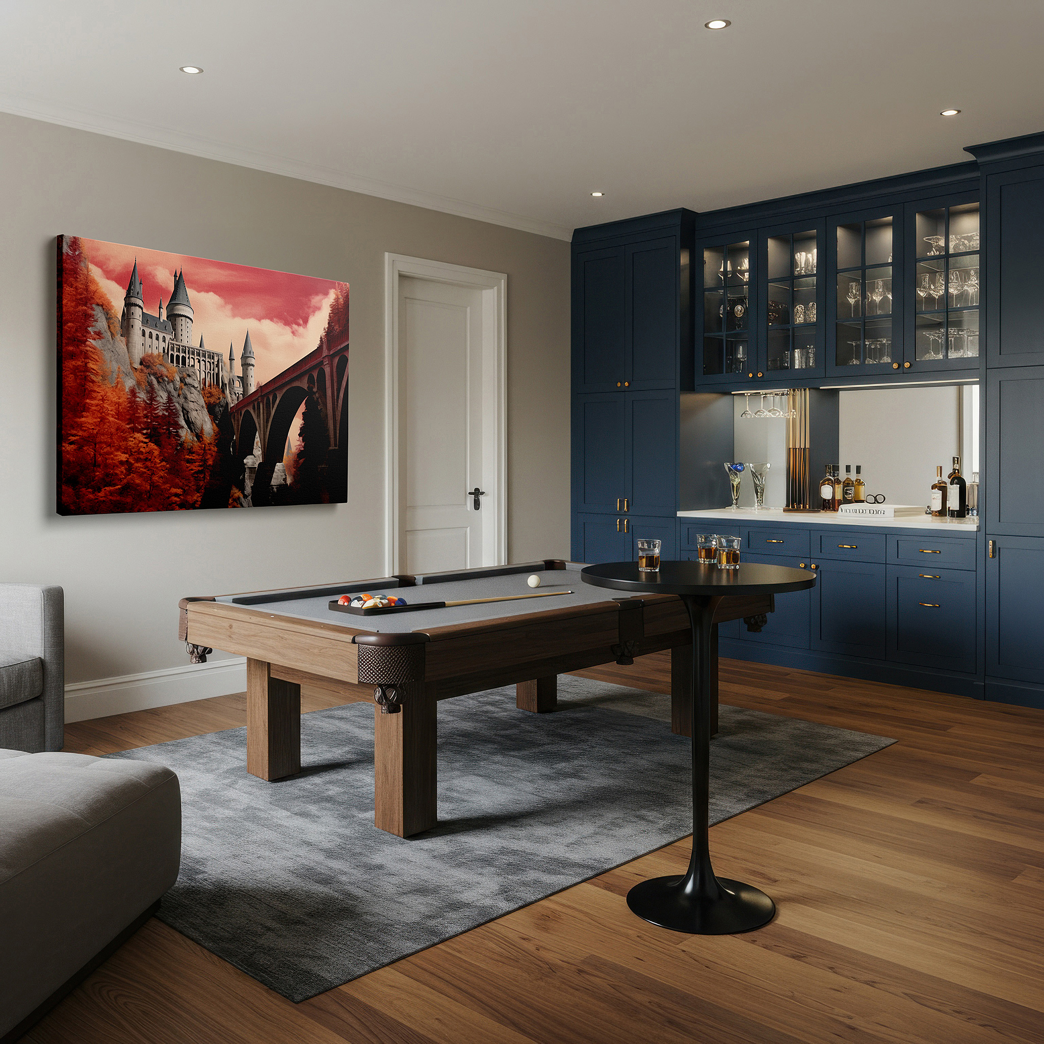 Side profile highlights a tightly wrapped canvas over a 3 cm deep stretcher — grand castle on rocky cliffs beneath a crimson sky, symbolizing grandeur and mystical worlds, large canvas wall art for office decor