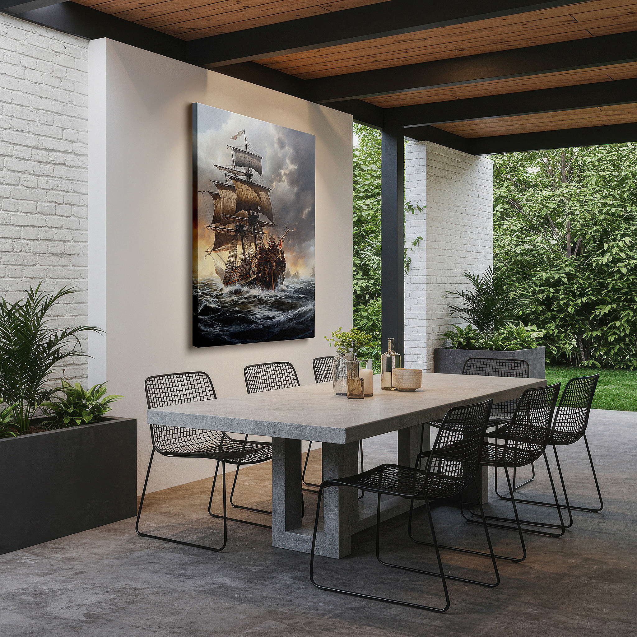 Side profile highlights a tightly wrapped canvas over a 3 cm deep stretcher — grand sailing ship in stormy seas large canvas wall art for office, bedroom, and living room decor
