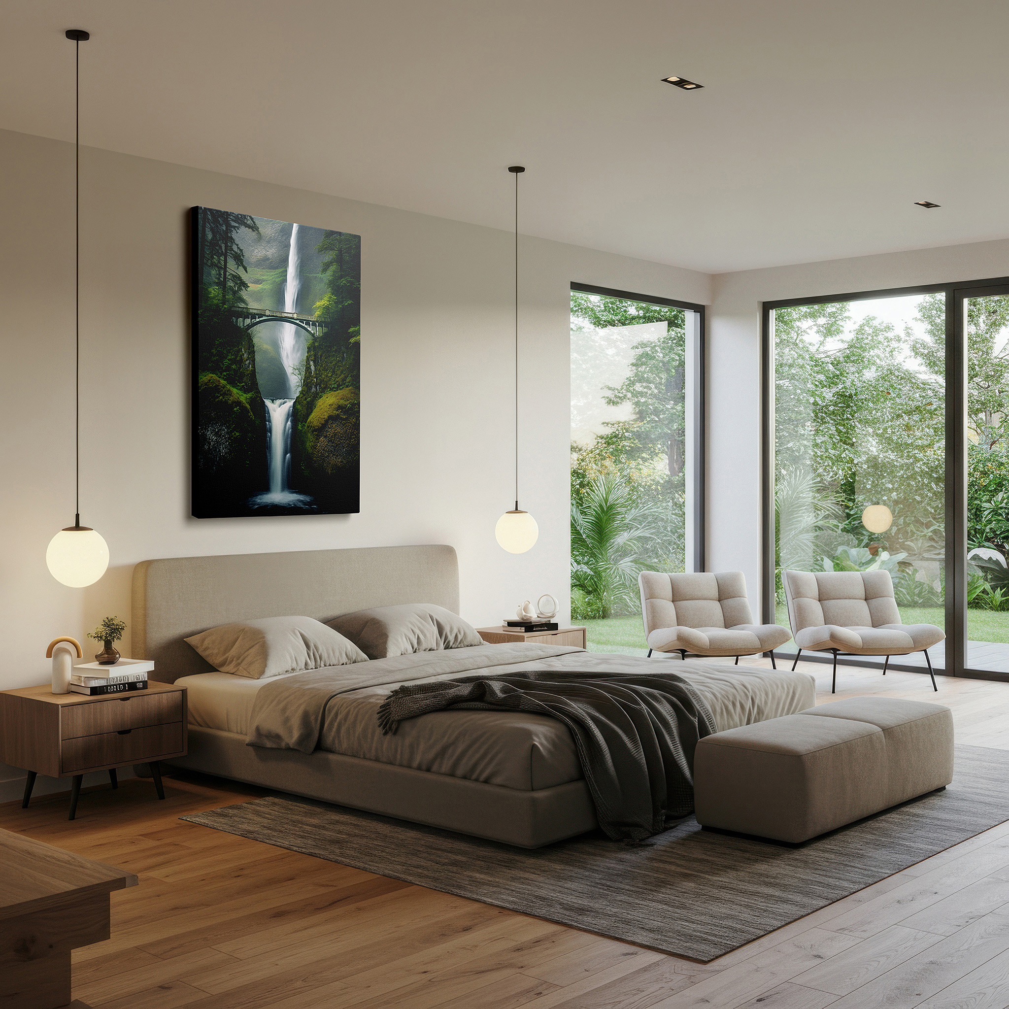 Side profile highlights a tightly wrapped canvas over a 3 cm deep stretcher — historic bridge and majestic waterfall surrounded by lush greenery: tranquil and adventurous large wall art, canvas wall art, wall decor for office