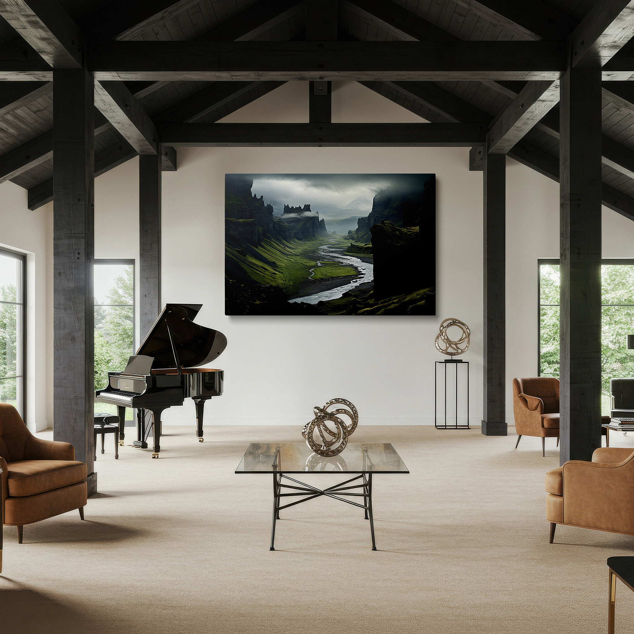 Side profile highlights a tightly wrapped canvas over a 3 cm deep stretcher — majestic valley featuring a meandering river and soaring cliffs beneath overcast skies - large canvas wall art for home and office decor, perfect for living room and bedroom