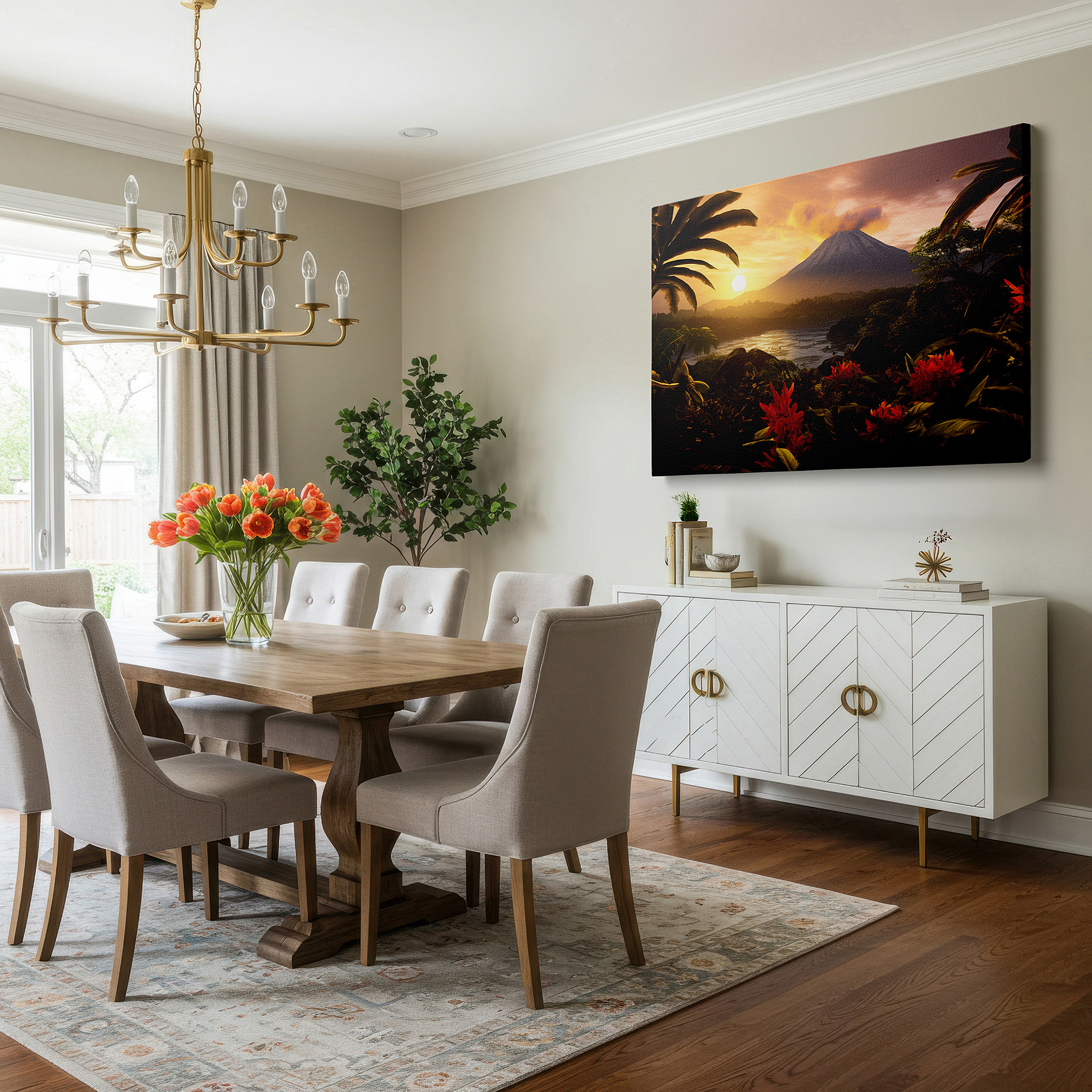 Side profile highlights a tightly wrapped canvas over a 3 cm deep stretcher — majestic volcano amidst lush tropical landscape at dawn or dusk - large canvas wall art for office, bedroom, and living room decor
