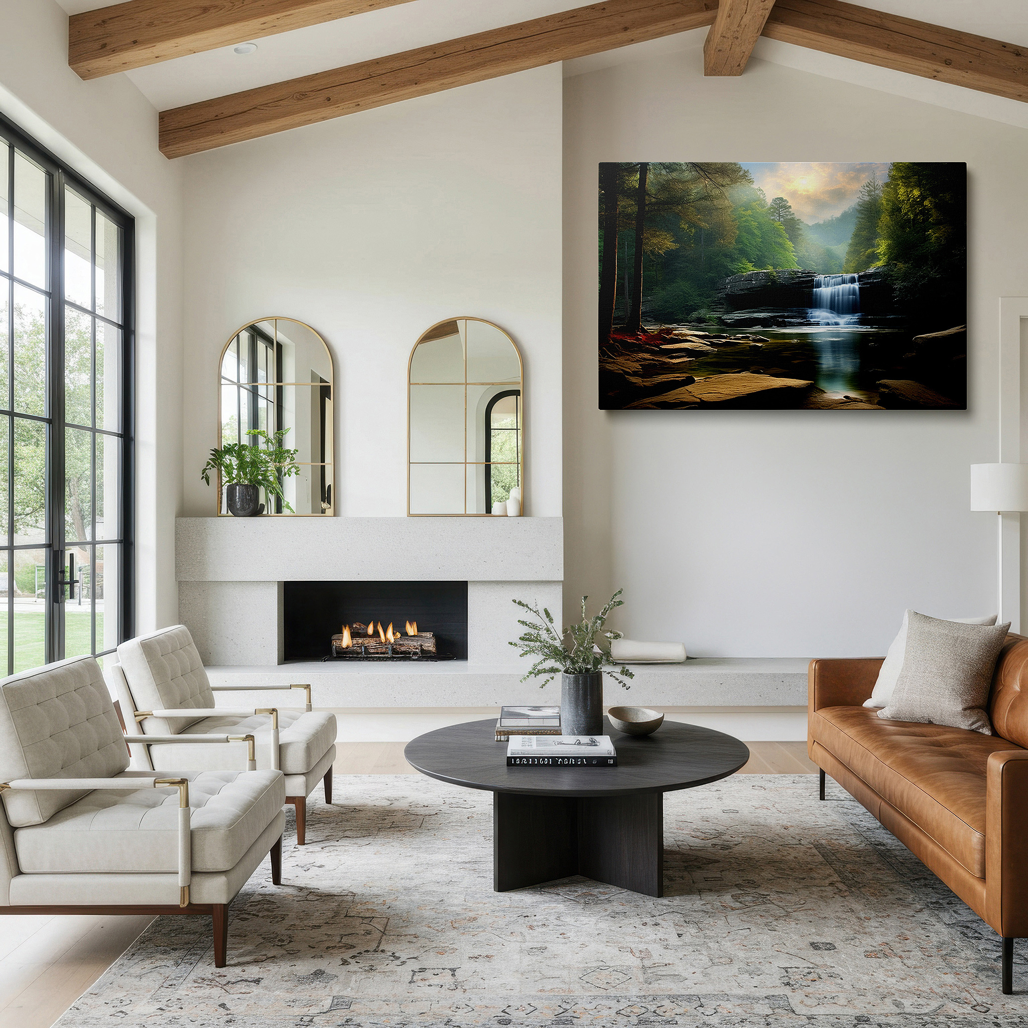 Side profile highlights a tightly wrapped canvas over a 3 cm deep stretcher — majestic waterfall surrounded by verdant foliage, serene nature scene as large wall art, canvas wall art, wall decor for office and bedroom