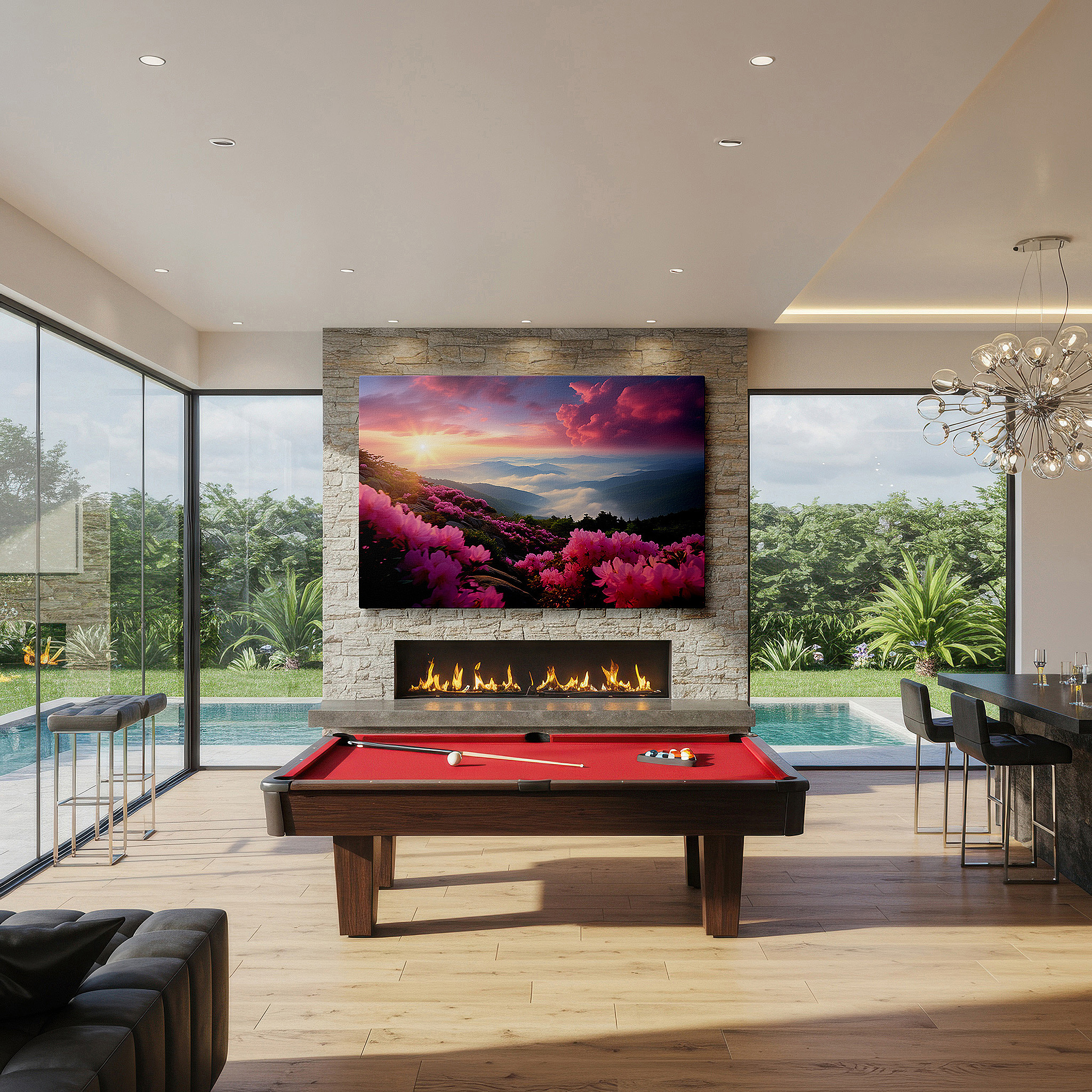 Side profile highlights a tightly wrapped canvas over a 3 cm deep stretcher — misty mountain sunrise with blooming azaleas and ethereal skies large wall art, canvas wall art, wall decor for office and bedroom