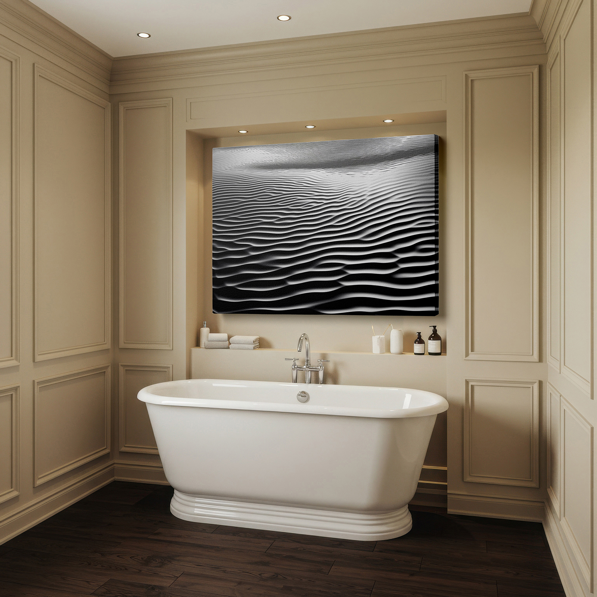 Side profile highlights a tightly wrapped canvas over a 3 cm deep stretcher — monochrome waves in motion: tranquil black and white large wall art, canvas decor for office and bedroom